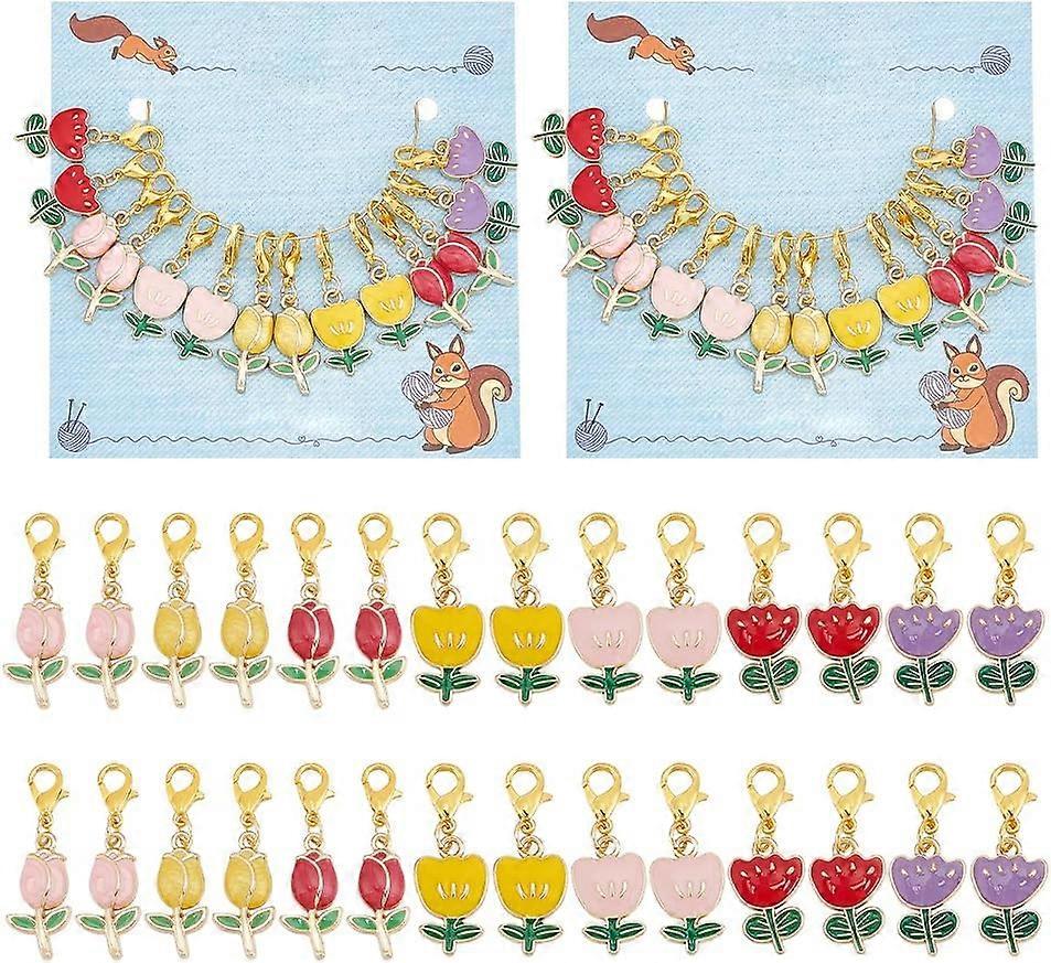 Tulip Alloy Enamel Pendant Stitch Markers Crochet Lobster Clasp Charms Locking Stitch Marker with Wine Glass Charm Ring Mixed Color 3~3.4cm 14pcs/set