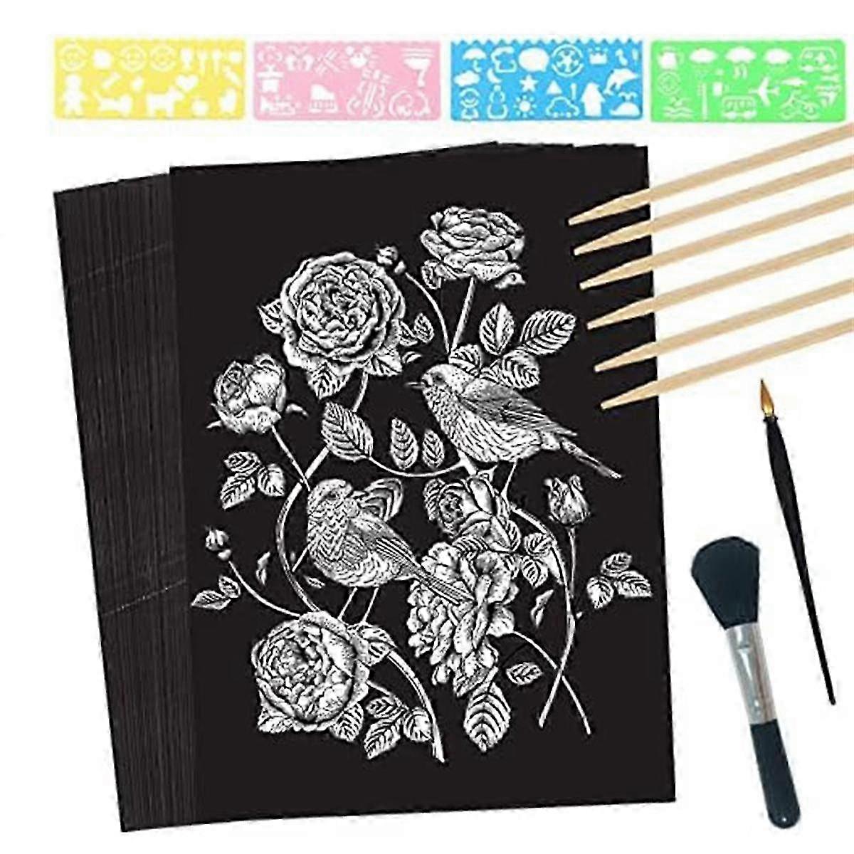 Scratch Paper Art Set, 50 Sheets 8x11in Black Coated Scratchboard Large Scratch Paper With Wooden Styluses And Stencils
