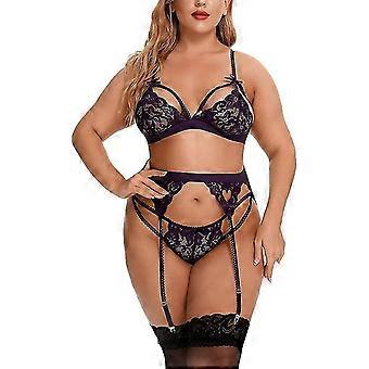 Damen Spitze Strumpfband Dessous Set S Lila