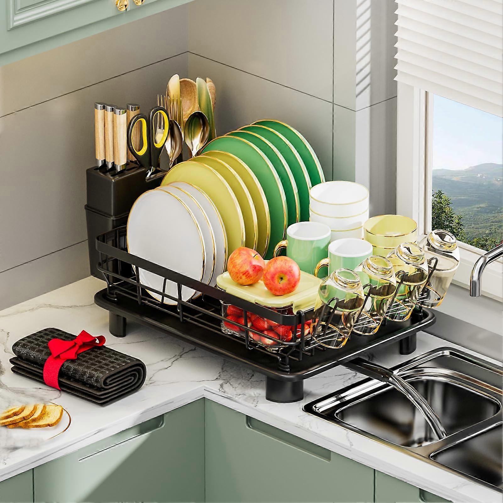Large Dish Drying Rack for Kitchen Counter Stainless Steel, Adjustable, Space-Saving, Fits Standard Dishes