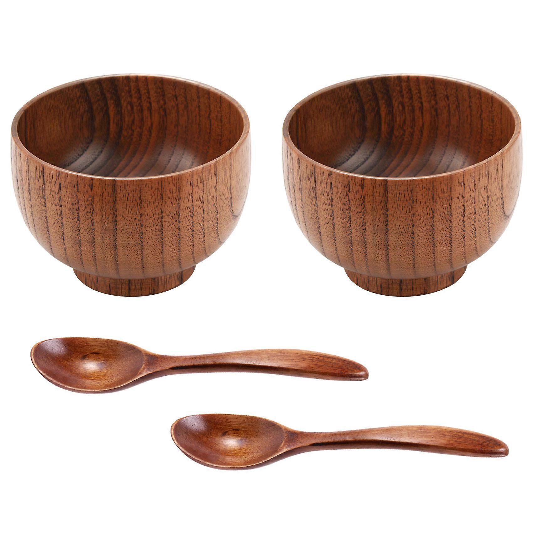 4 Pieces Wooden Handmade Bowl and Spoon Kitchen Tableware