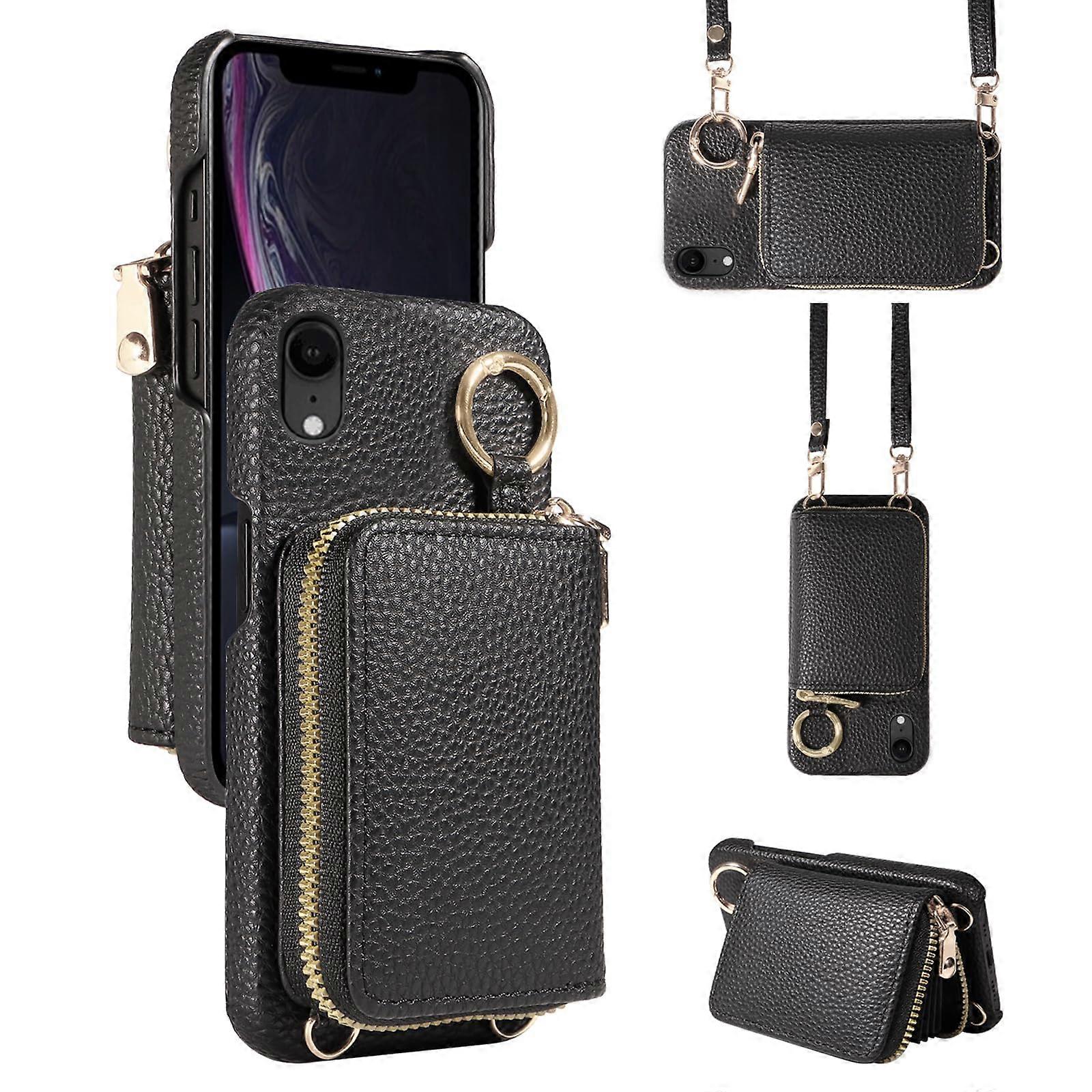 Wallet Case for iPhone XR 6.1 with Shoulder Strap, Zipper Flip Purse, Credit Card Holder, Black Phone Cover for iPhone 10R