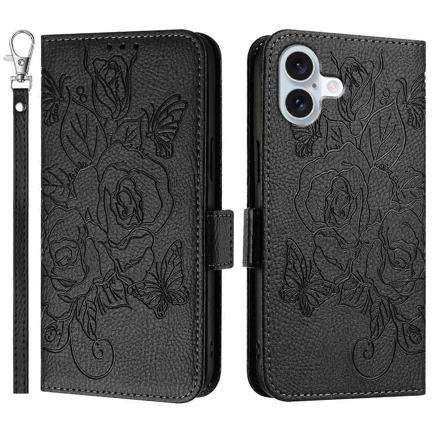 For iPhone 16 Plus Case Rose Imprinted RFID Blocking Leather Phone Cover with Strap
