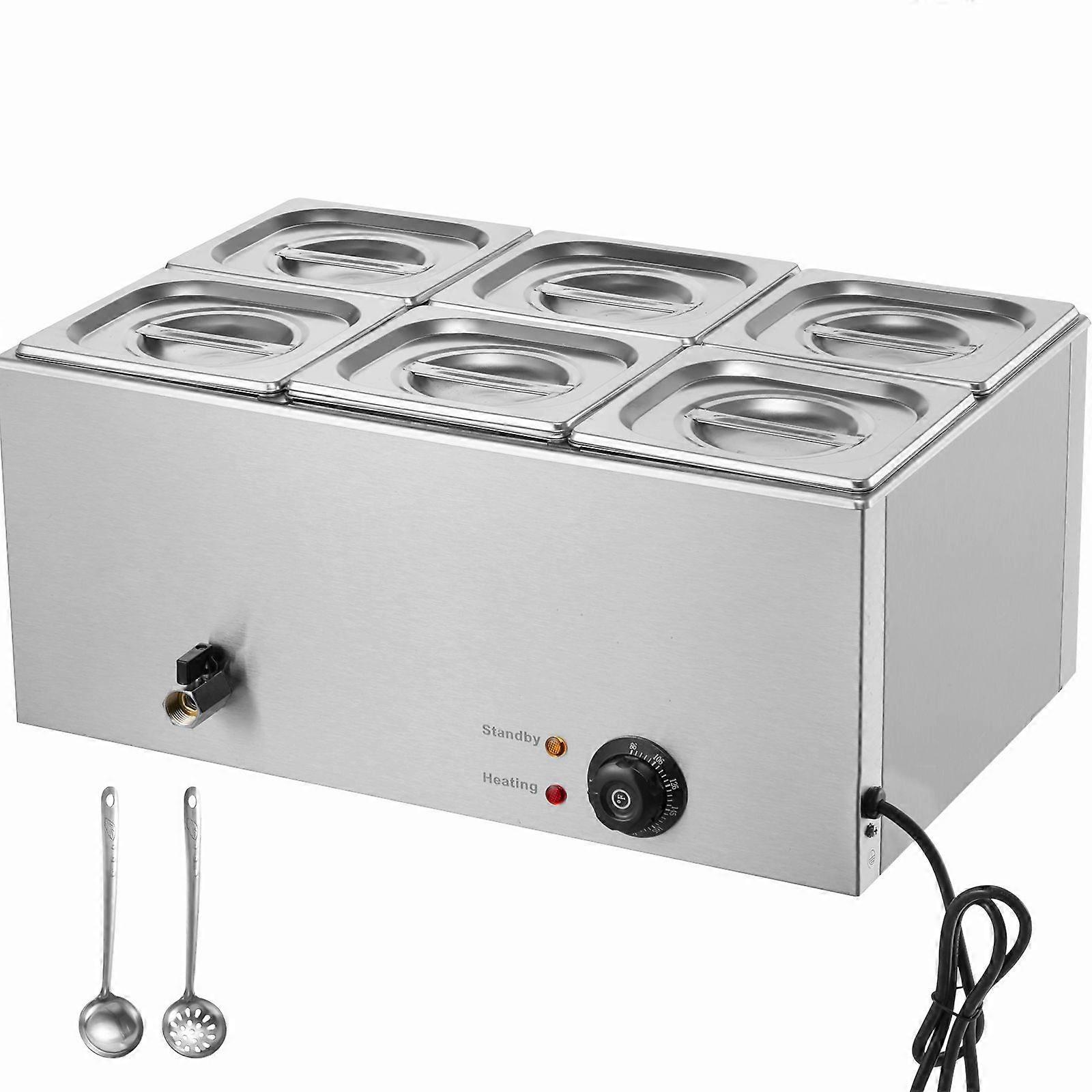 6-Pan Commercial Food Warmer, 13.5L Ηλεκτρικό Τραπέζι Ατμού, 1200W Ανοξείδωτο Ατσάλι Bain Marie, 86-185F Temp Control για Catering, Ασημί
