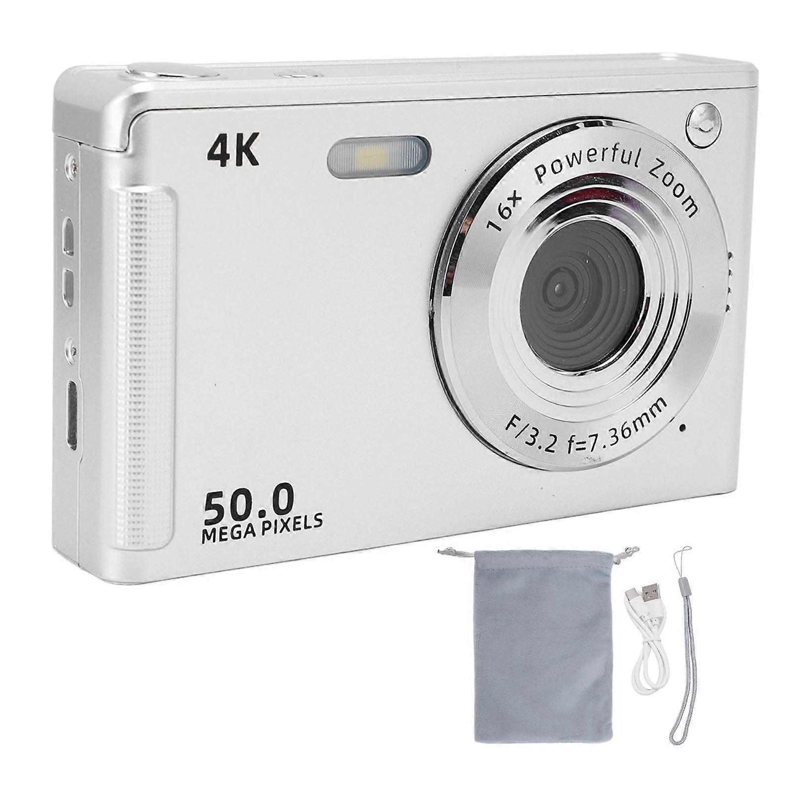 4K 50MP Fill Light Digital Camera, 2.8-inch Display, 16x Zoom, Anti-Shake Autofocus, for Portraits and Landscapes, Silver