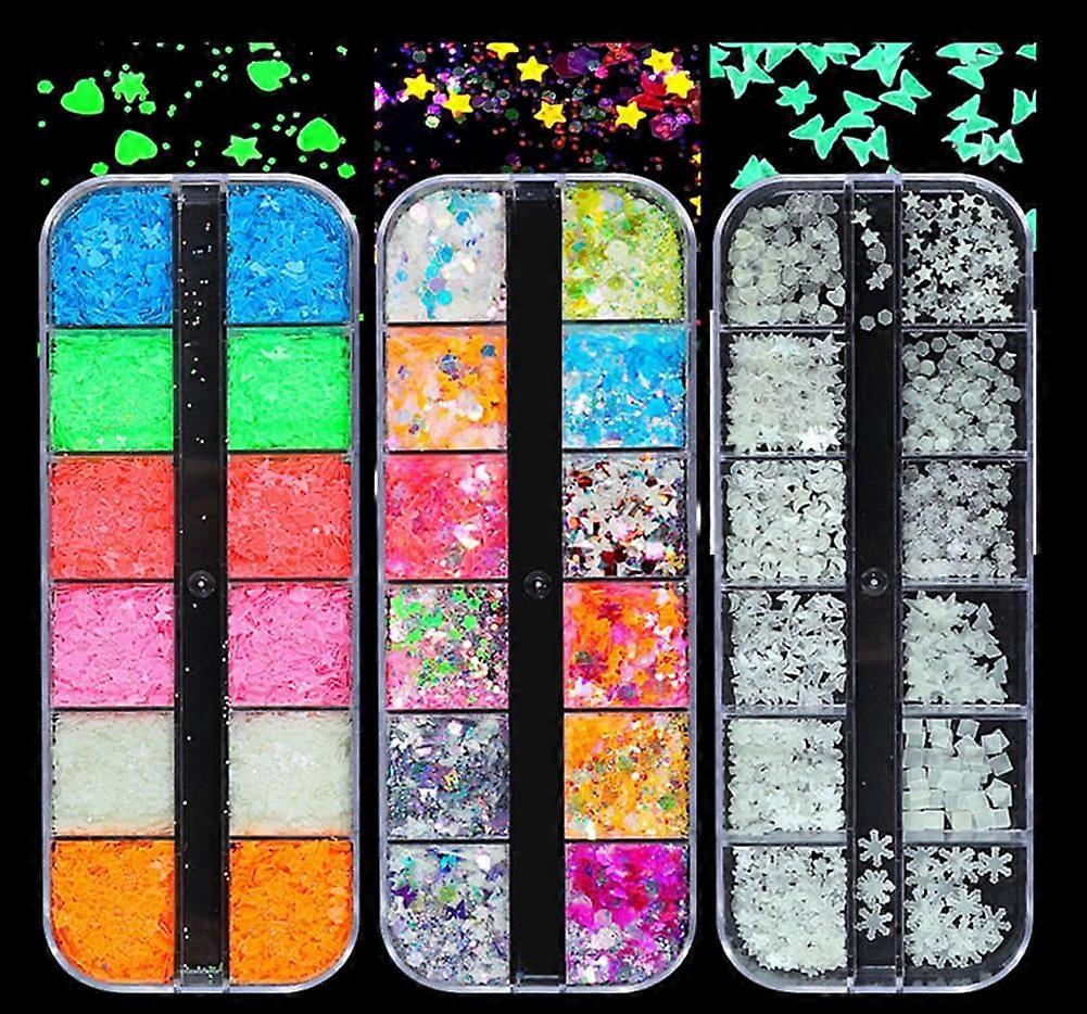 Japanese Fashion Style 3 Boxes 36 Grids Mixed Luminous Nail Glitter Sequ DIY Kits