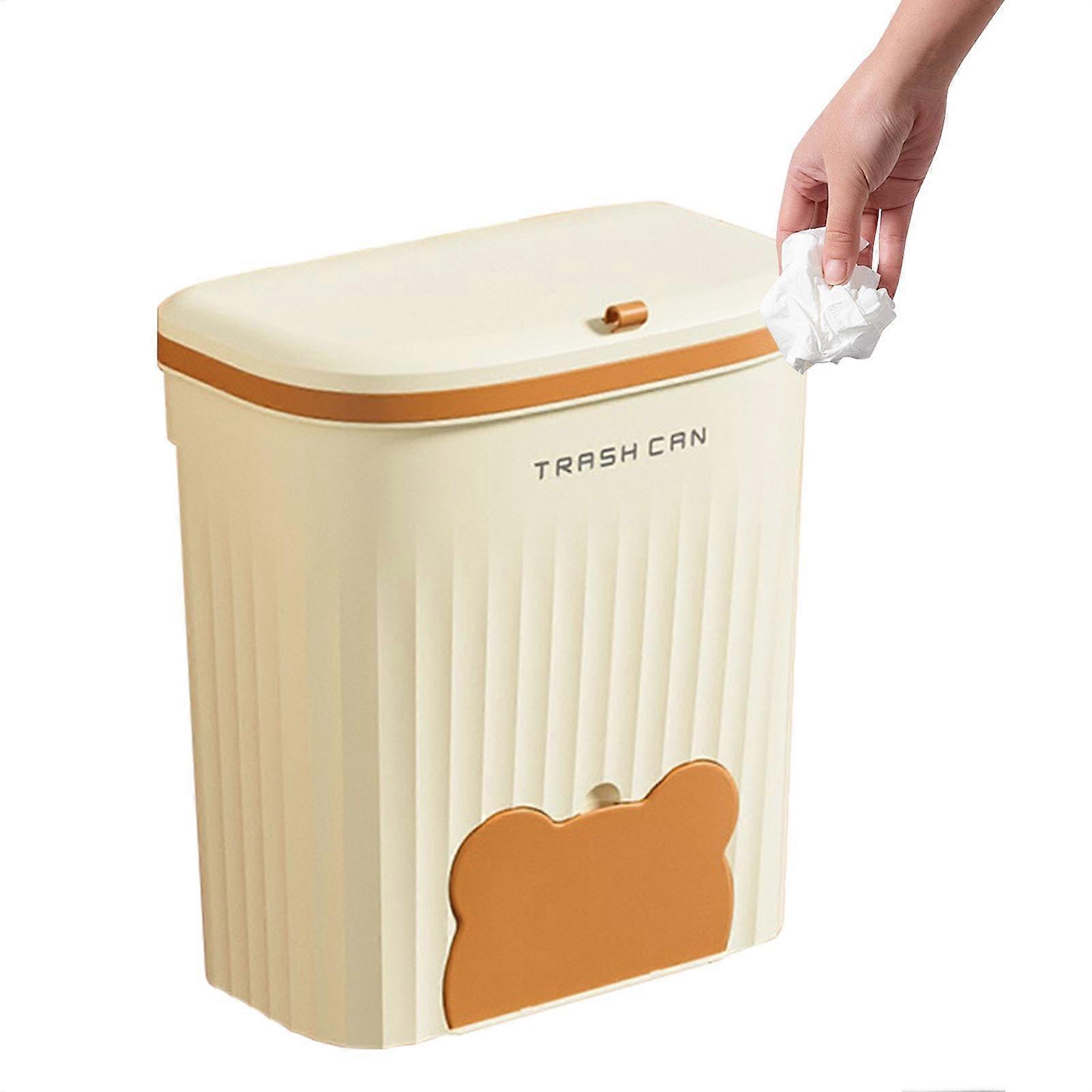 Hangable Trash Can Tabletop Waste Bin Small Kitchen Basket Toilet Storage Bin with Lid Vanity Desktop Trash Can SpaceSaving Creamy
