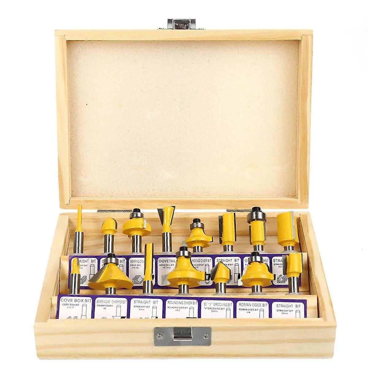 15piece milling cutter set with 1/4inch shank, carbide trimming machine tool set for woodworking