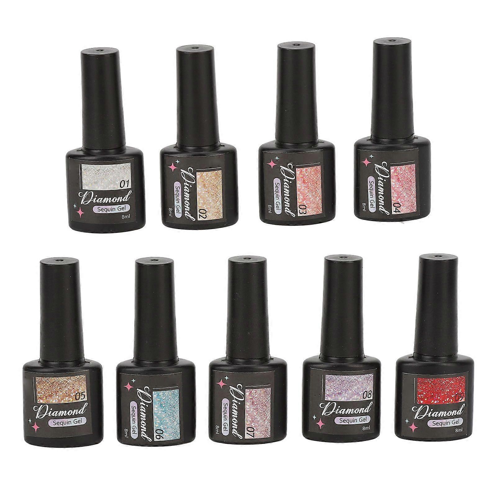 2025 Latest Model 9pcs Glitter Gel Polish Set 8ml Multi Colors Diamond Nail Po...