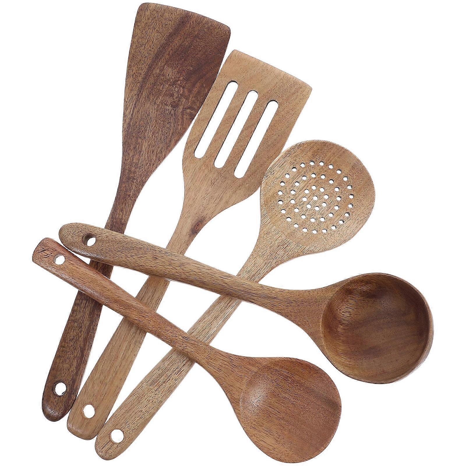Non-Scratch Wooden Utensils for Eating Teak Wood Cooking Set Spatulas and Soup Ladle for Baking 1Set