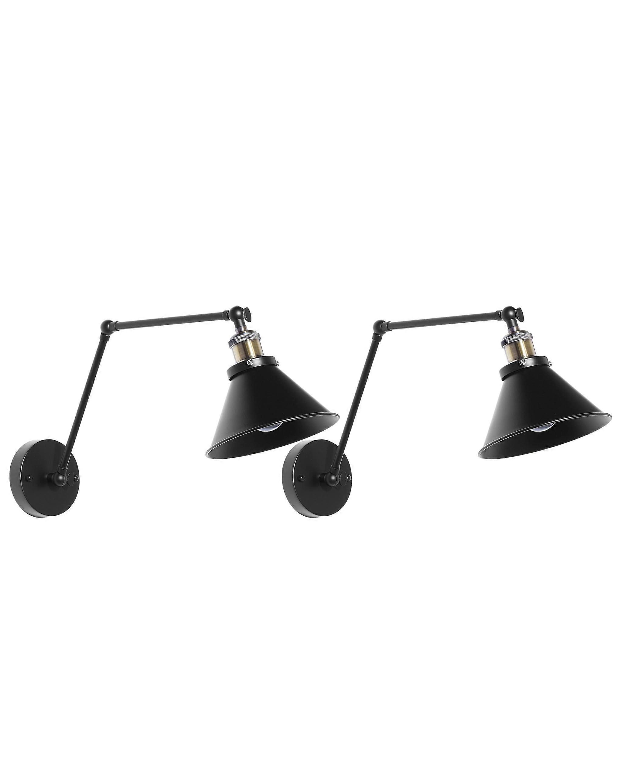 Industrial Wall Lamp Set of 2 - Adjustable Round Shade Metal Fixture in Black Finish