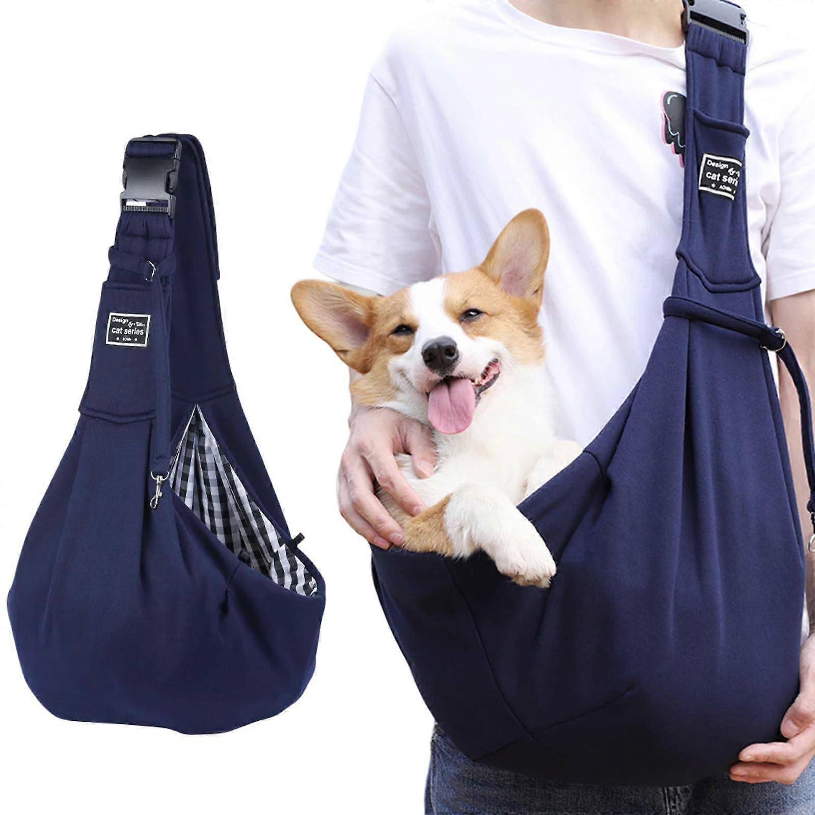 Pet Hands-Free Carrier For Small Dogs With Adjustable Shoulder Strap, Double-Sided Puppy Carrier With Front Pocket Blue