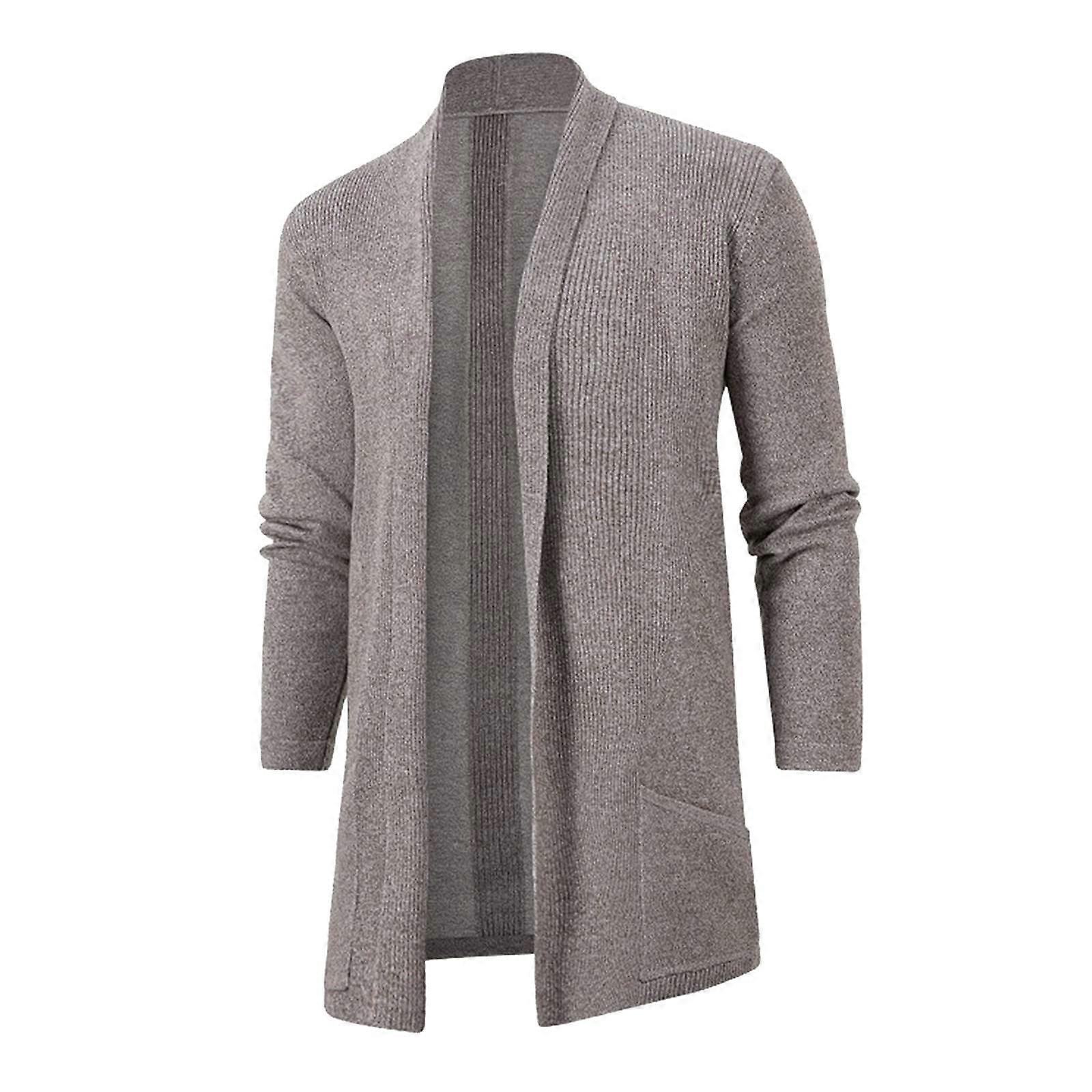 Men's Long Knitted Cardigan with Side Pockets, Cuban Collar, Open Front