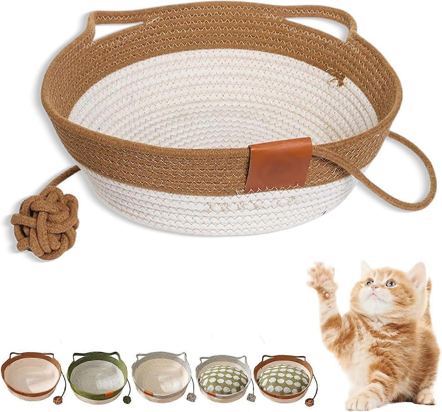 2 Pieces Woven Rope Cat Basket, 13'/16'/18' Double Scratching Pad, Cat Bed with Handles (Khaki, S)