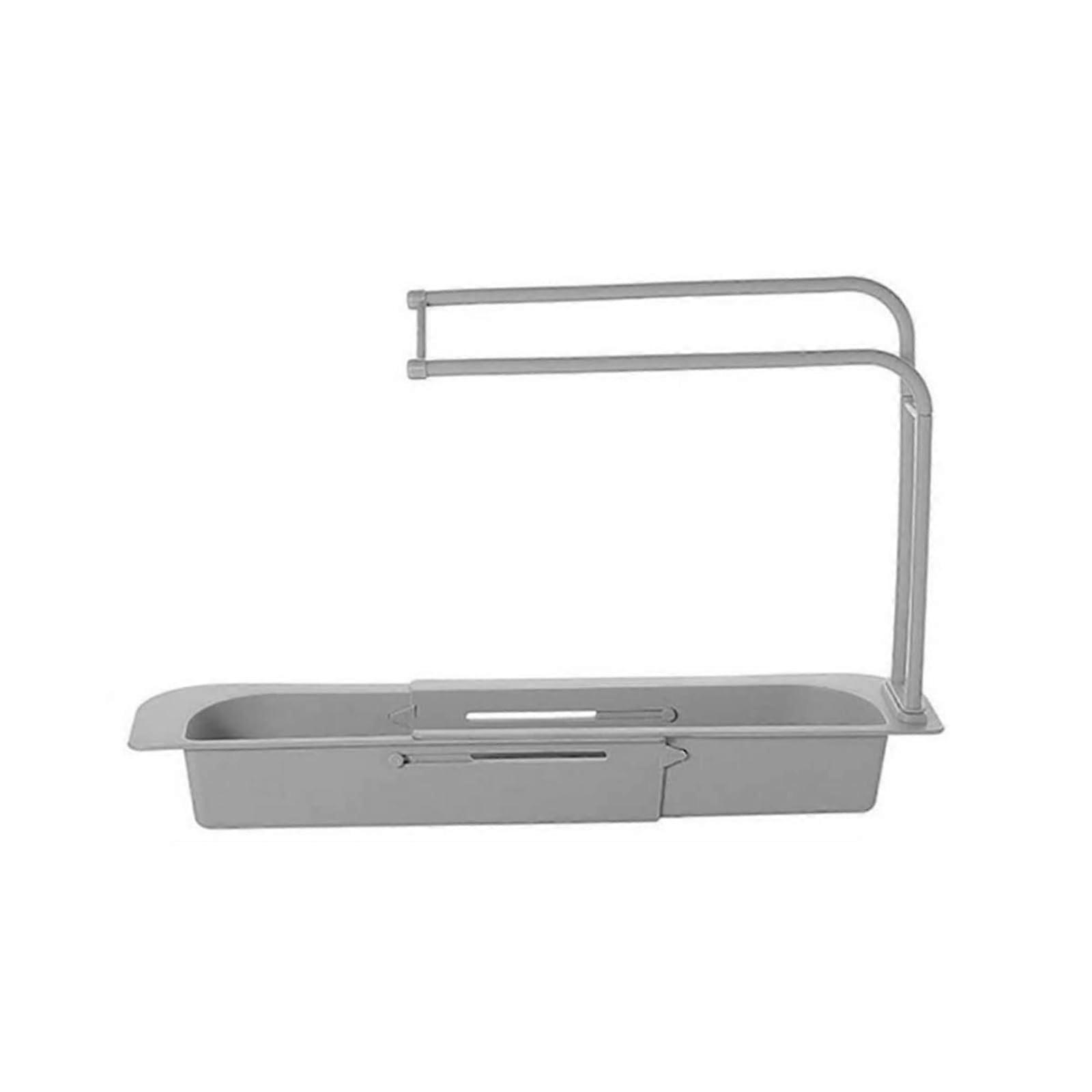 Extendable Sink Organizer with Dish Towel Hanger, Adjustable Kitchen Drain Rack for Towels and Soap, Ventilated PP Storage Shelf