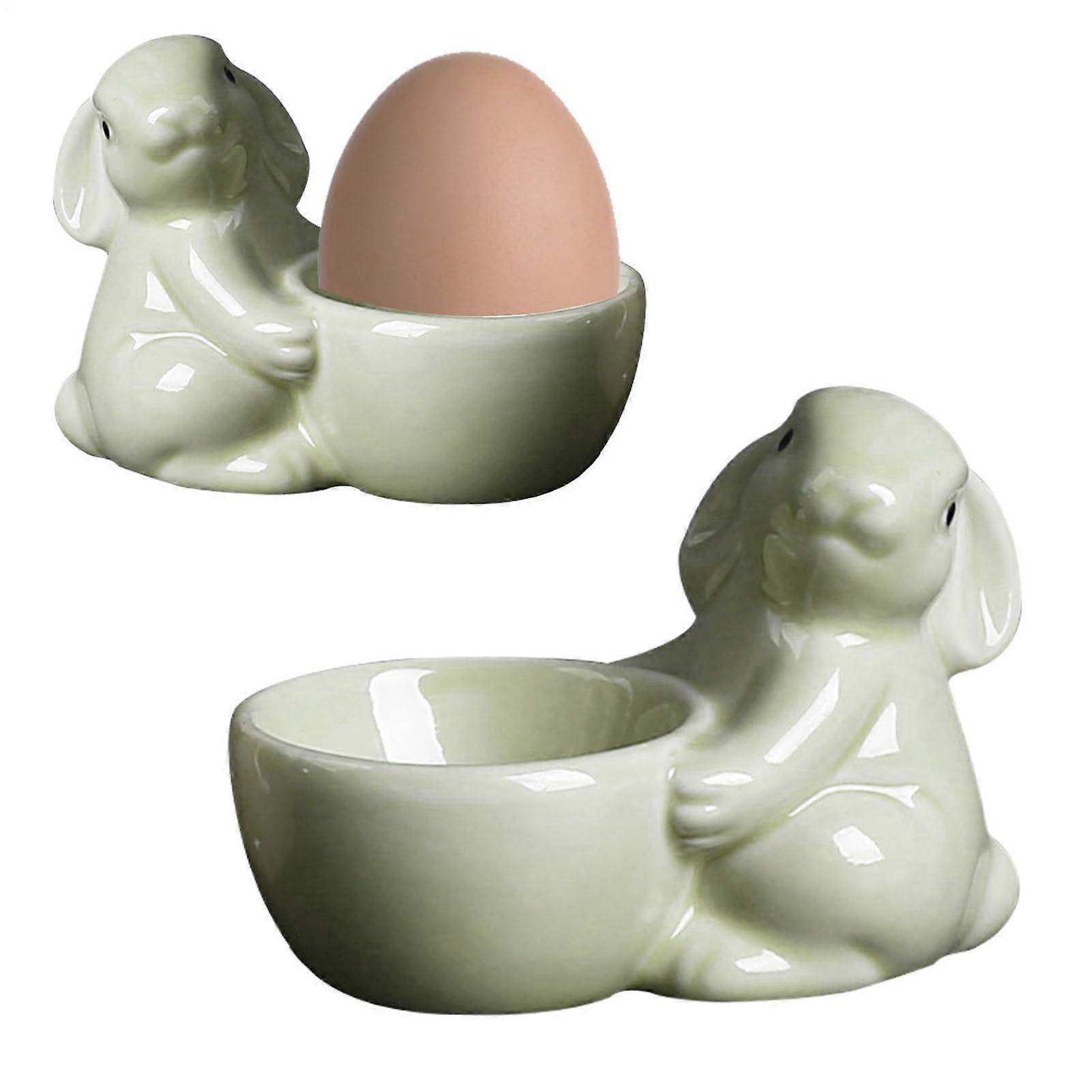 Ceramic Egg Cup, Easter Bunny Holder, Green Hare Statue Egg Stand, Cute Ceramic Egg Cup For Easter Breakfast Or Dinner