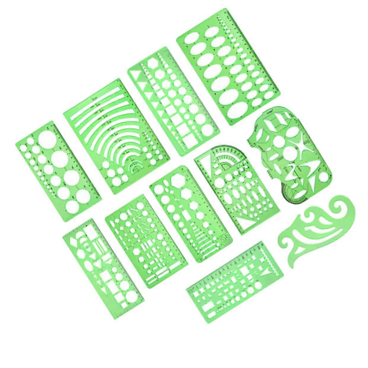 11Piece Green Plastic Drawing Stencil Set for Precise Measuring Rulers and Templates for Students and Architects