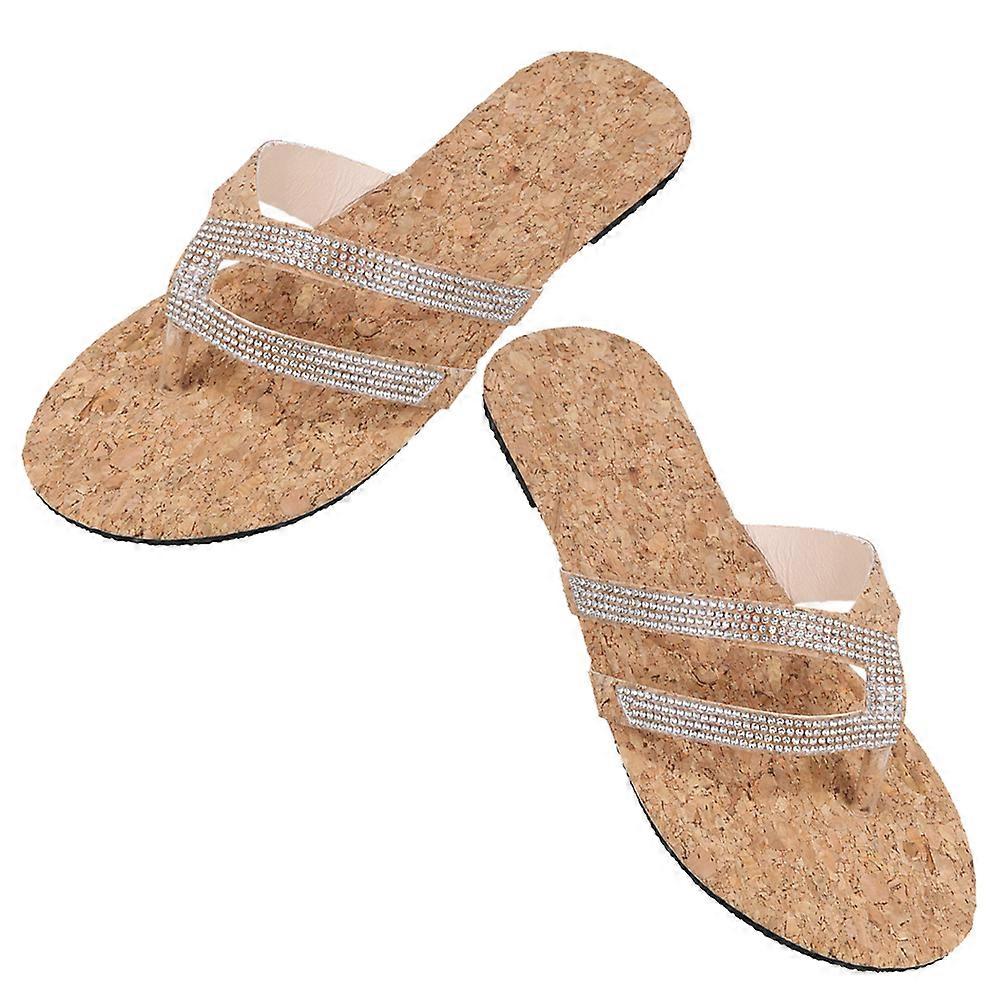 Flat Sandals Women Rhinestone Casual Slippers Shopping Hotel Light Brown Pu Material Comfortable Sole 1 Pair