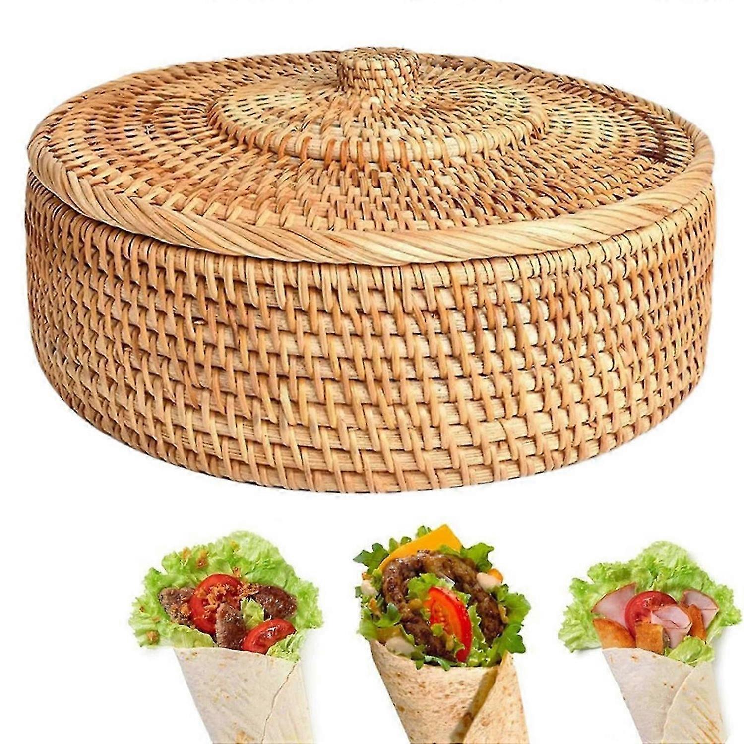 Round Rattan Boxes with Lid Hand-Woven Multi-Purpose Wicker Tray