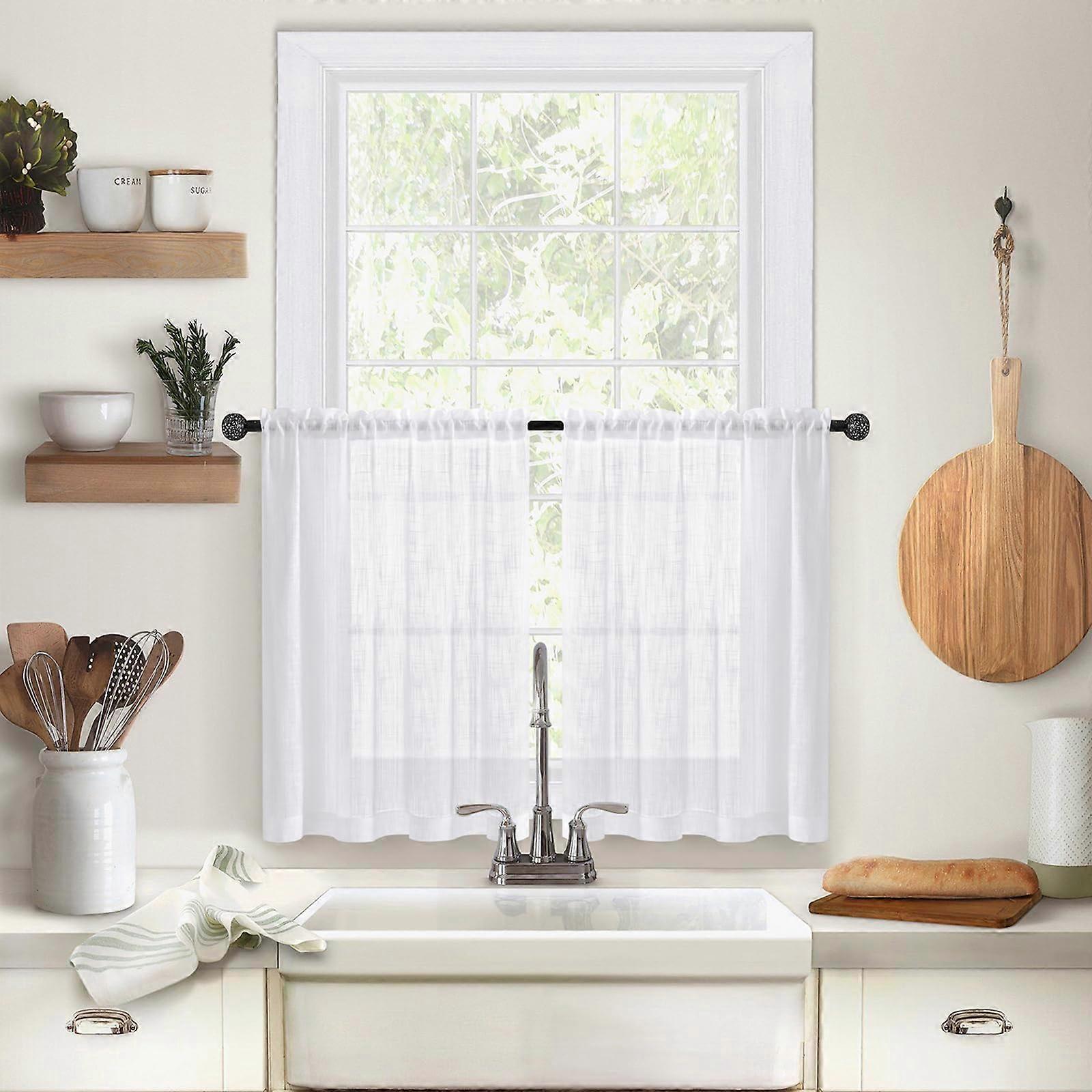 Linen Blend Kitchen Curtains 2 Pack Short Linen Look Semi Sheer Net 25x30 White For Windows
