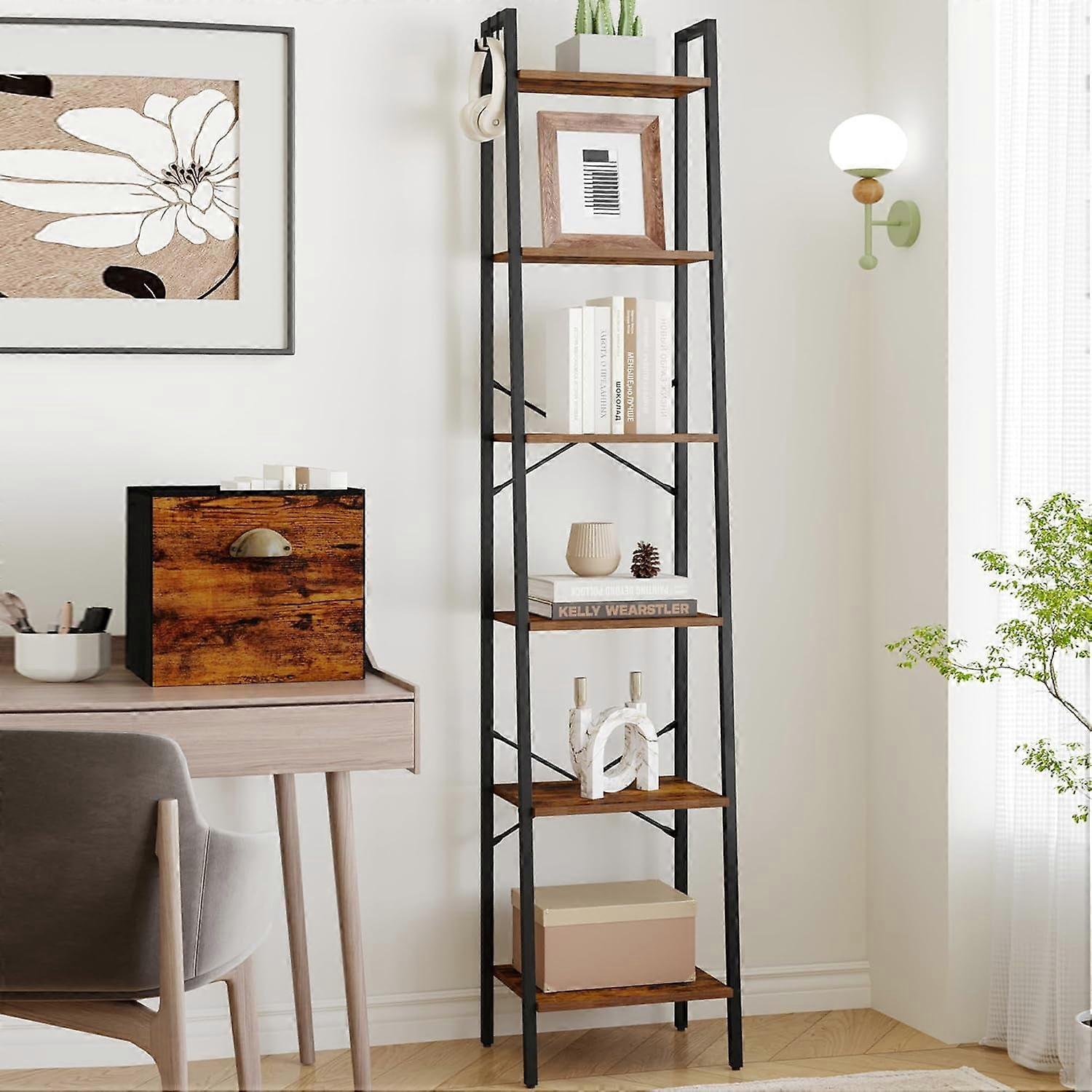 6-Tier Narrow Bookshelf with Drawer & 2 Hooks, Ladder Bookcase, Rustic Brown Storage Organizer for Home Office, Bedroom