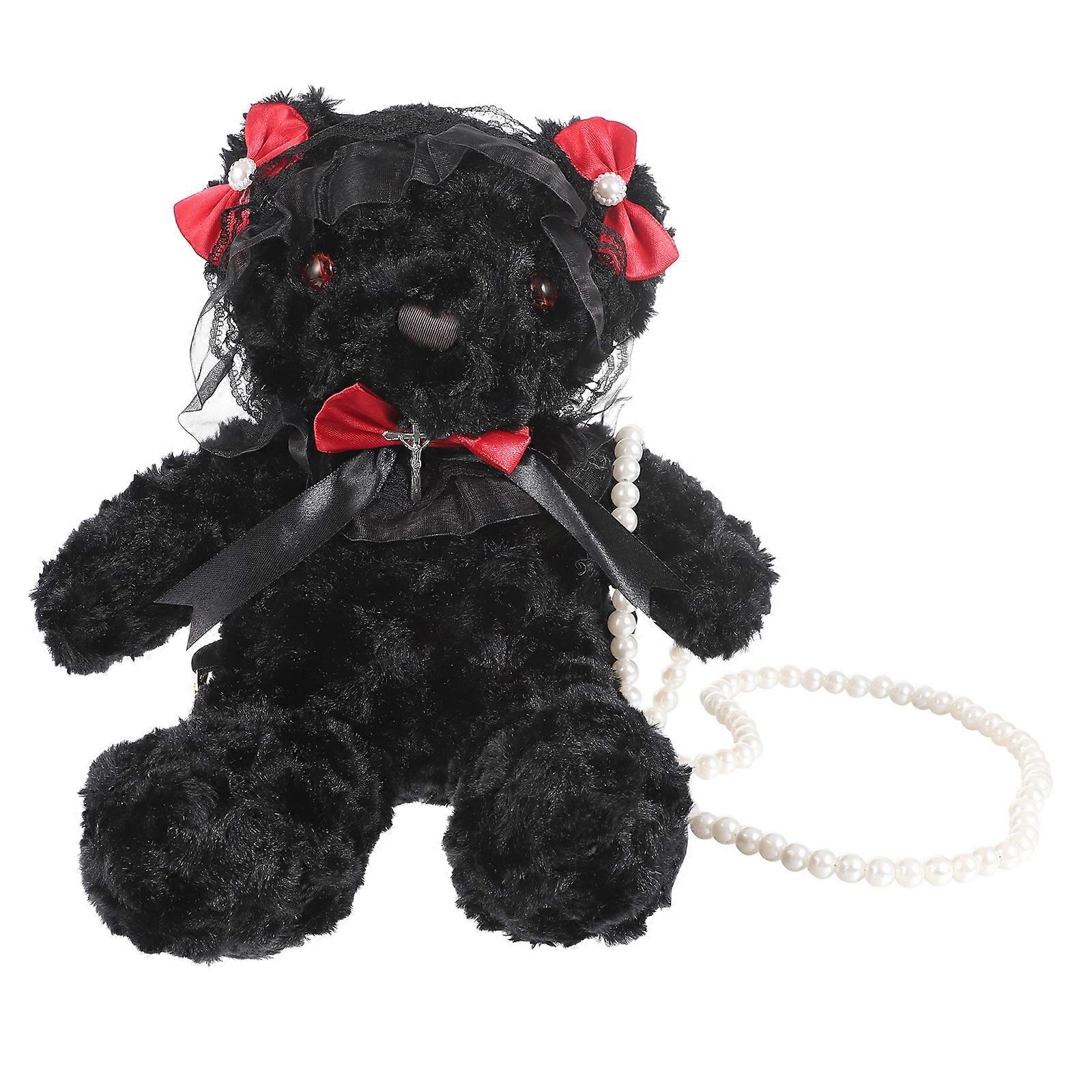 Plush Doll Sling Bag Crossbody Bag with Pearl Chain 2Pcs Black for Storage Use
