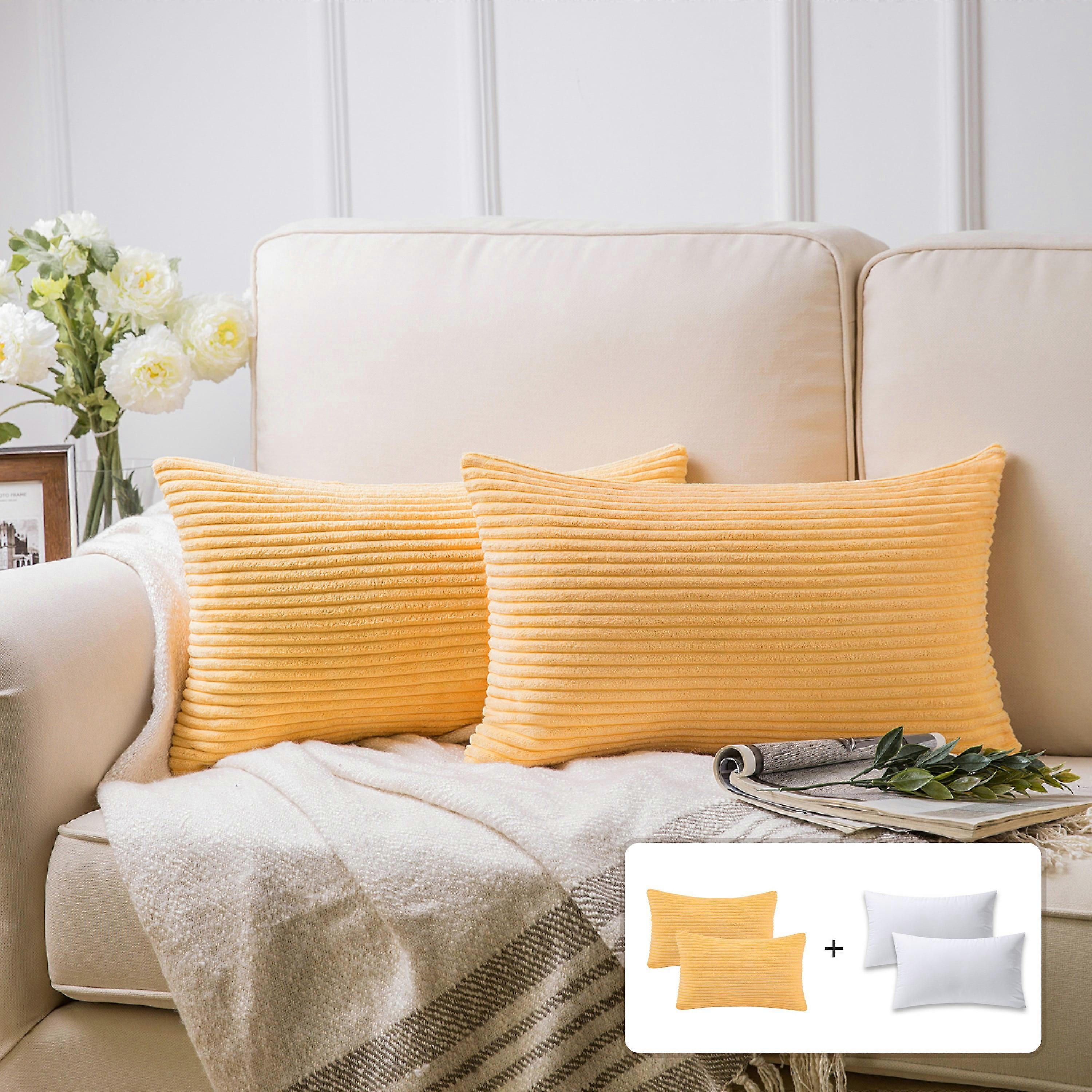 Fluffy Corduroy Velvet Solid Color Suqare Cusion Accent Decorative Throw Pillow for Couch, 12" x 20", Soft Orange, 2 Pack