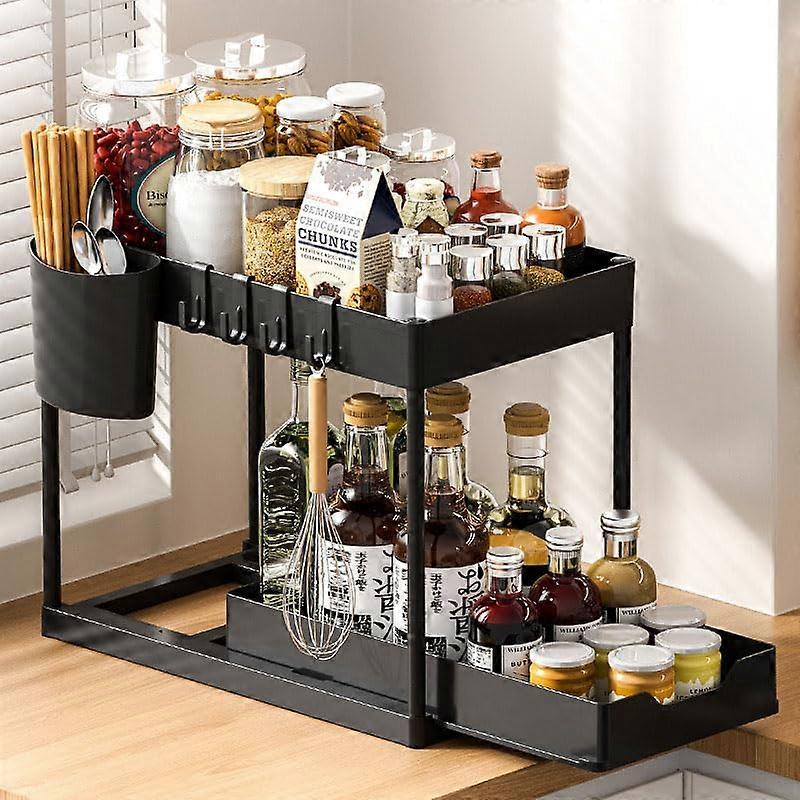 Under Sink Storage Kitchen Organiser, 2Tier Sliding Under Sink Shelf, Bottom SlideOut Basket, Black