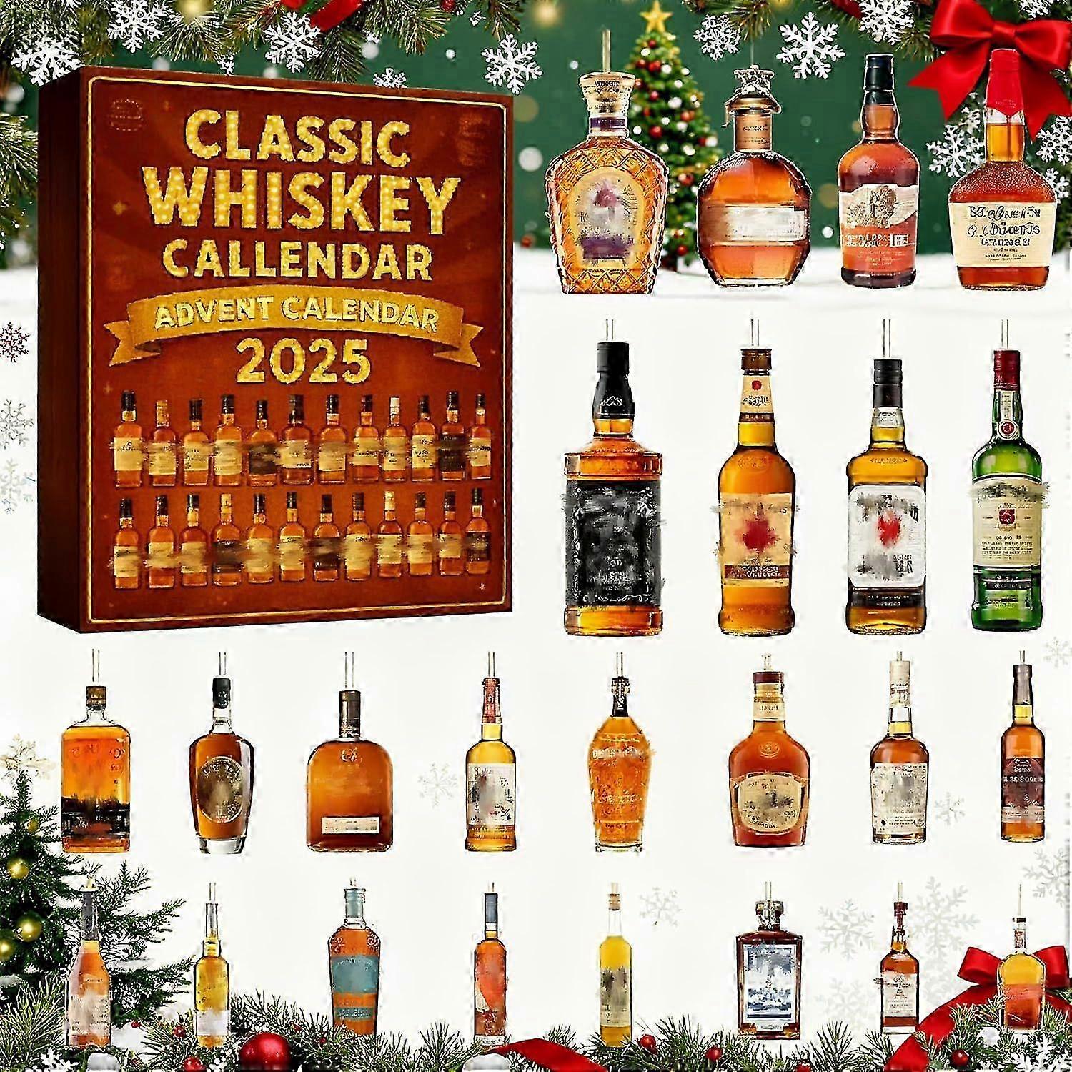 2025 Whiskey Advent Calendar, 24 Days Christmas Countdown Calendar with 24 Whiskeys Christmas 2D Acrylic Ornament, Christmas Tree Ornaments