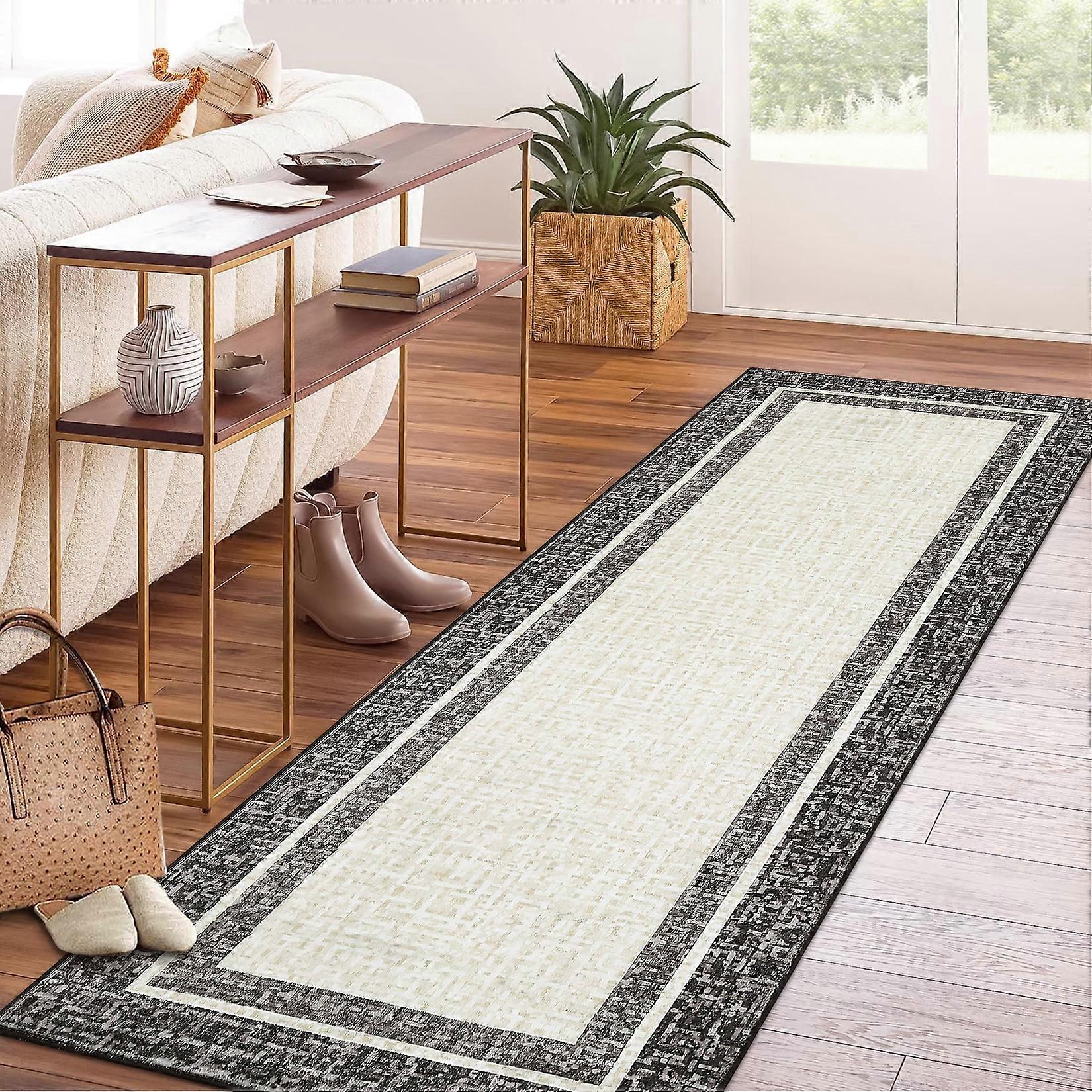 Haperlare Bordered Runner Rugs for Hallway Washable Low Pile Non Slip Laundry Rug Runner Rugs for Entryway Brown Floor Mat,2'x6'