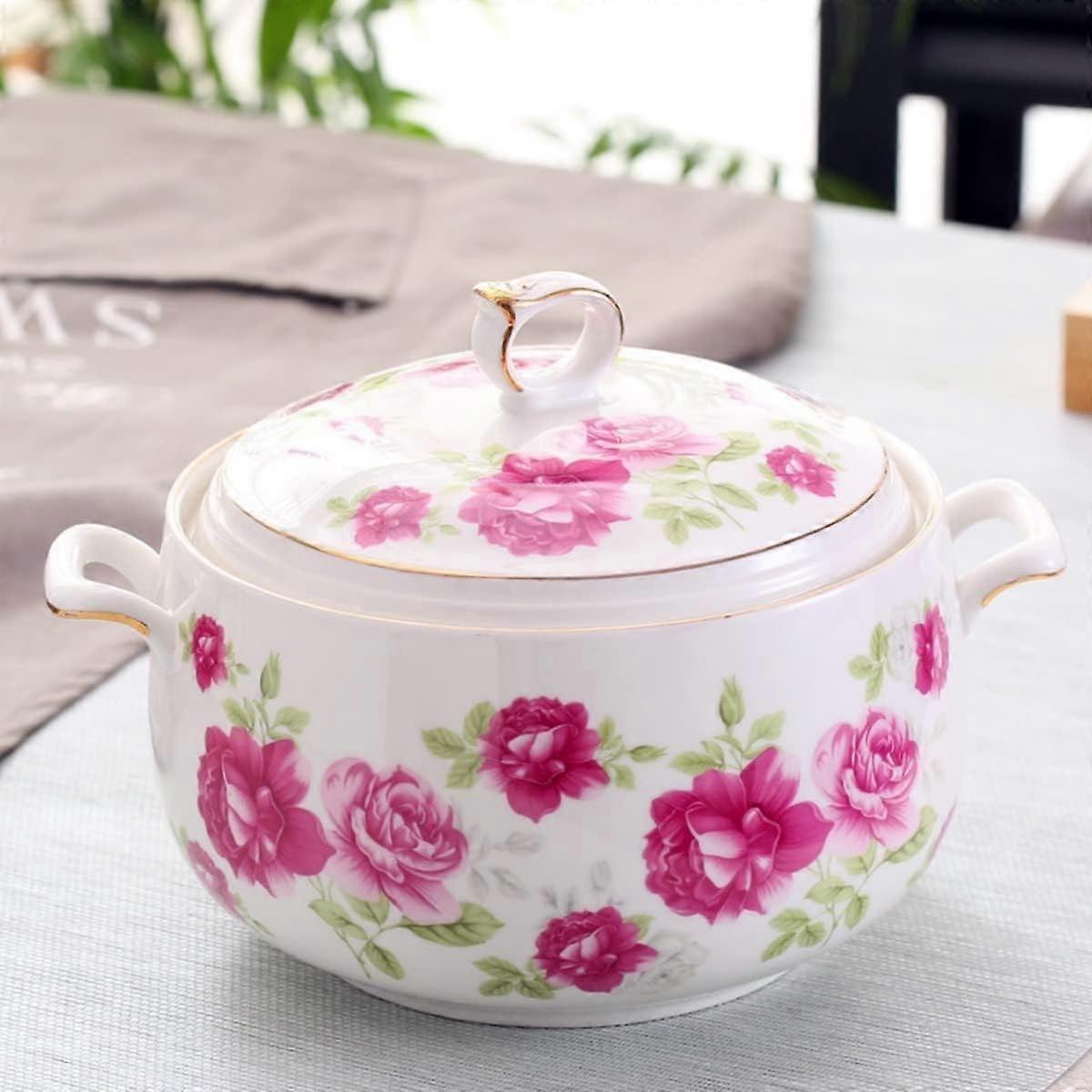 Ceramic Soup Tureen with Double Handles and Lid, Round White HeatResistant Casserole Pot (Style 2)