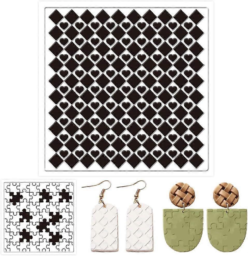 2PCS Polymer Clay Texture Sheets Silicone Texture Stamp Board Grid Heart Jigsaw Silicone Polymer Stamp Sheet Modeling Pattern Pad for Pottery Earrings