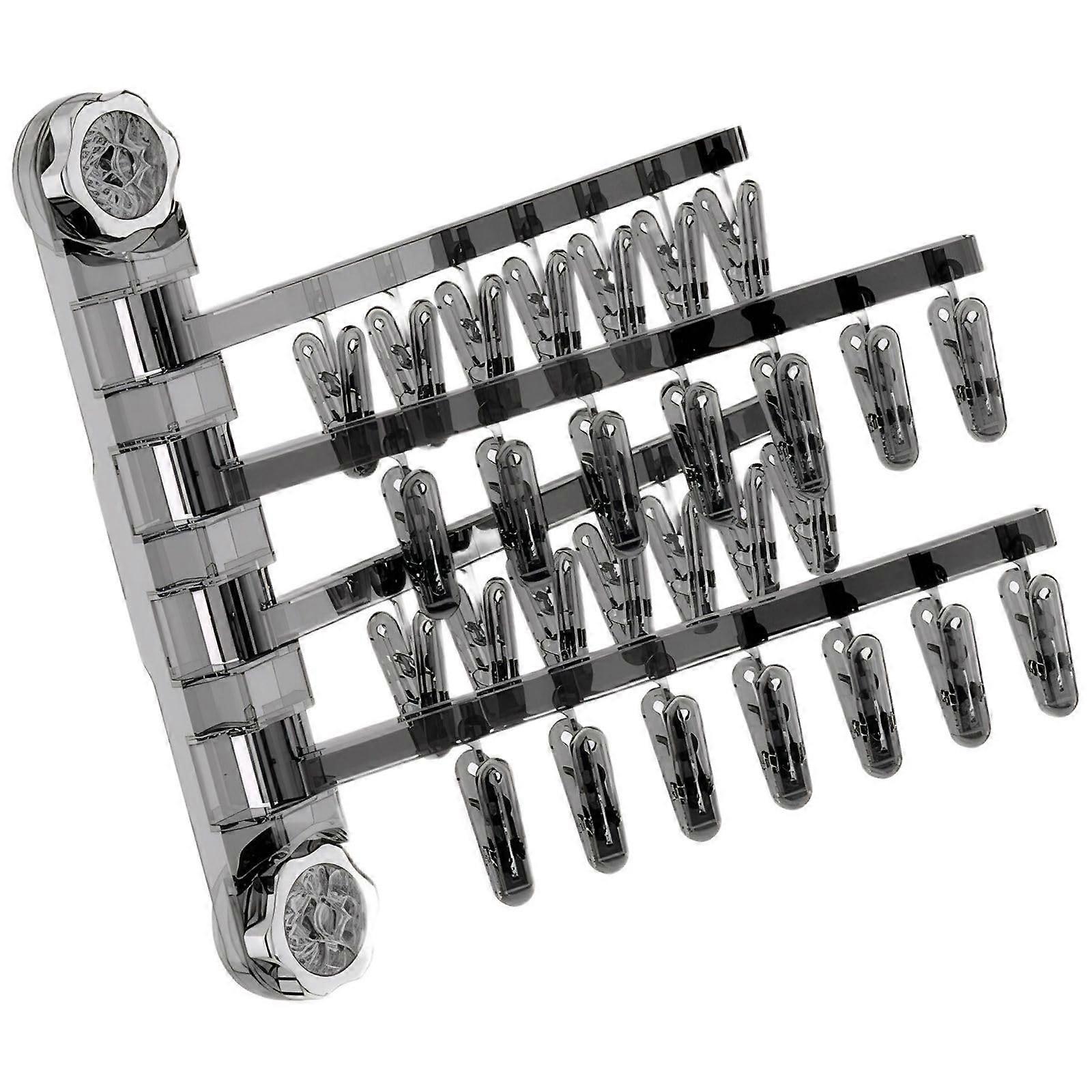 Folding Wall Mounted Laundry Drying Rack with Rotating Rods and Clips for Small Spaces, Gray