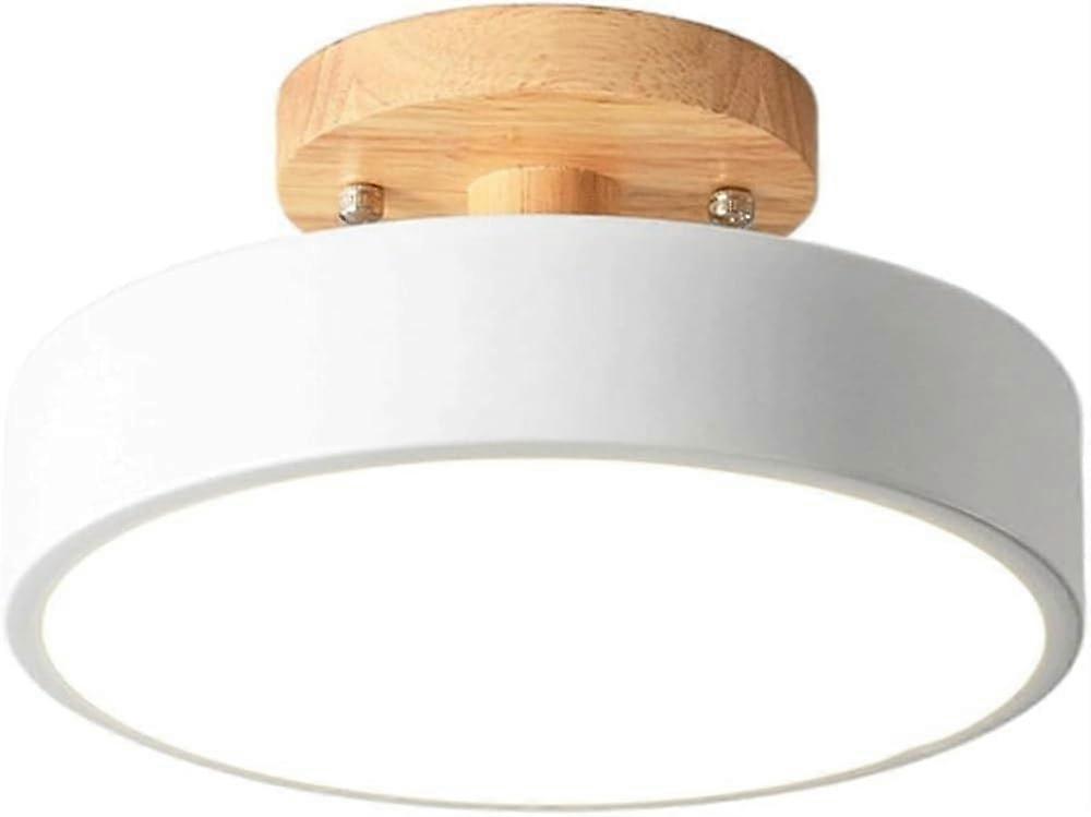 Nordic Round LED Semi Flush Mount Ceiling Light with Wood Accent, EyeFriendly for Hallway and Bedroom