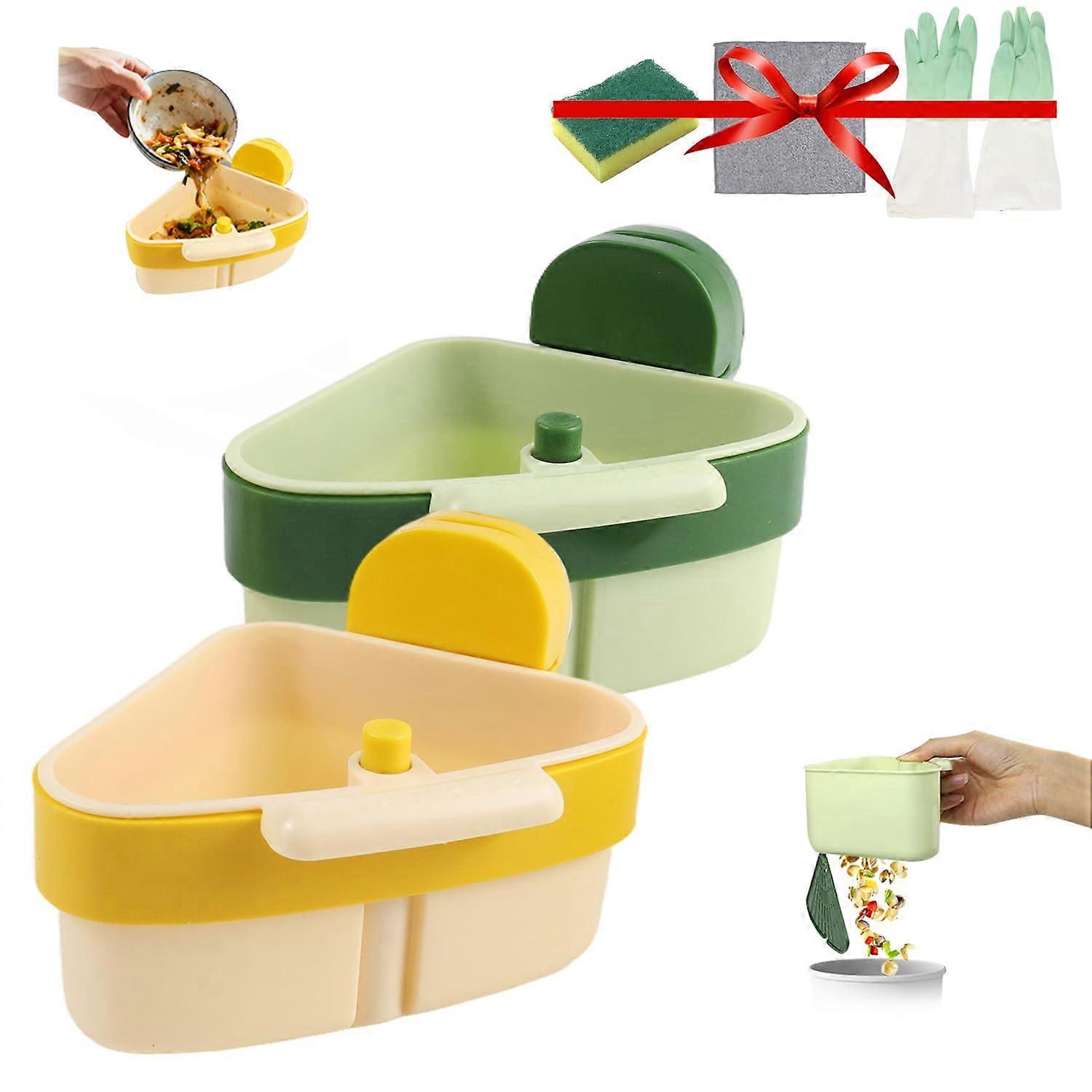 Sink Strainer Basket with Suction Cup, Corner Sink Organizer with OnePress Automatic Dumping