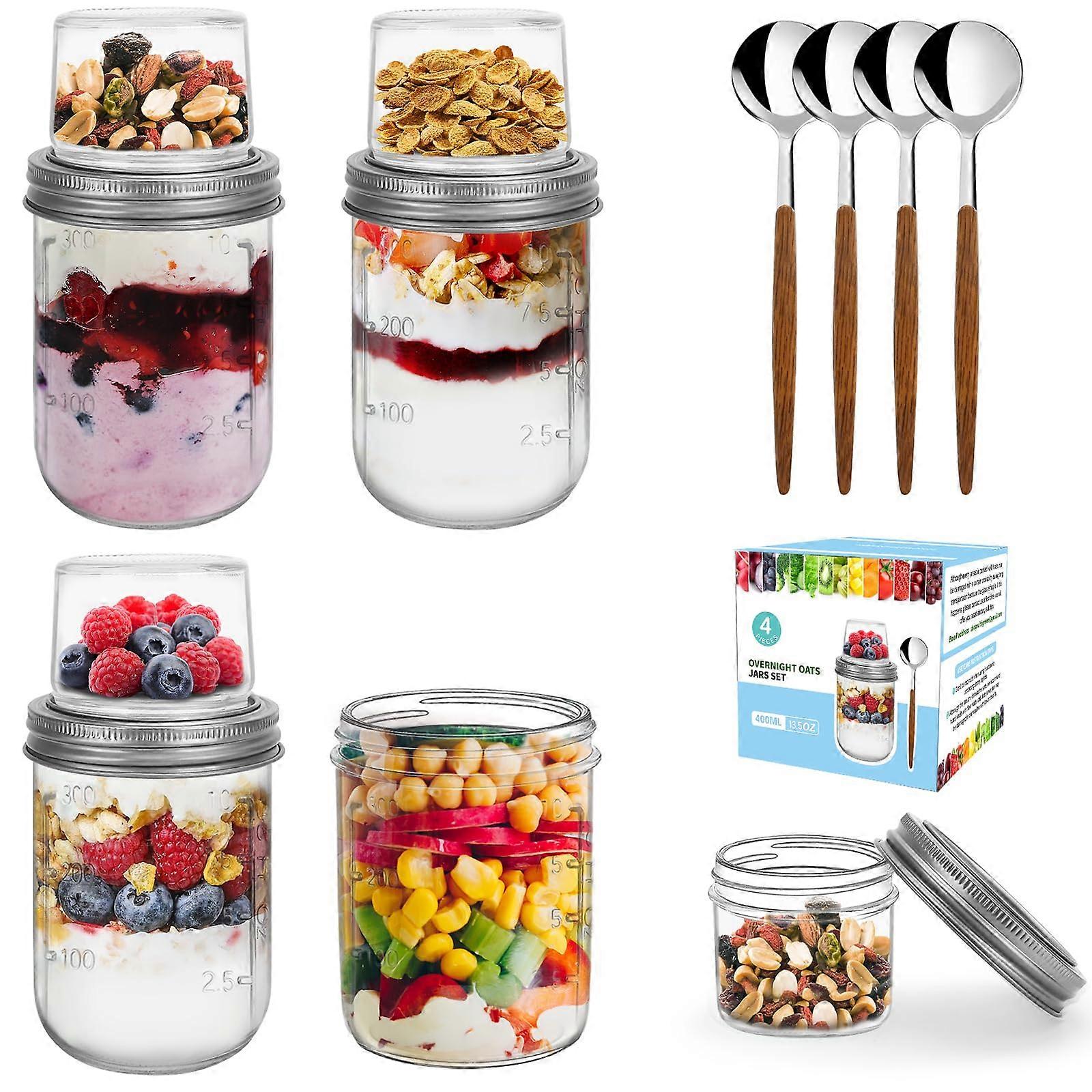 4 Pack Overnight Oats Containers with Lid and Spoon, DualLayer Yogurt Parfait Jars, Leakproof 16oz Glass