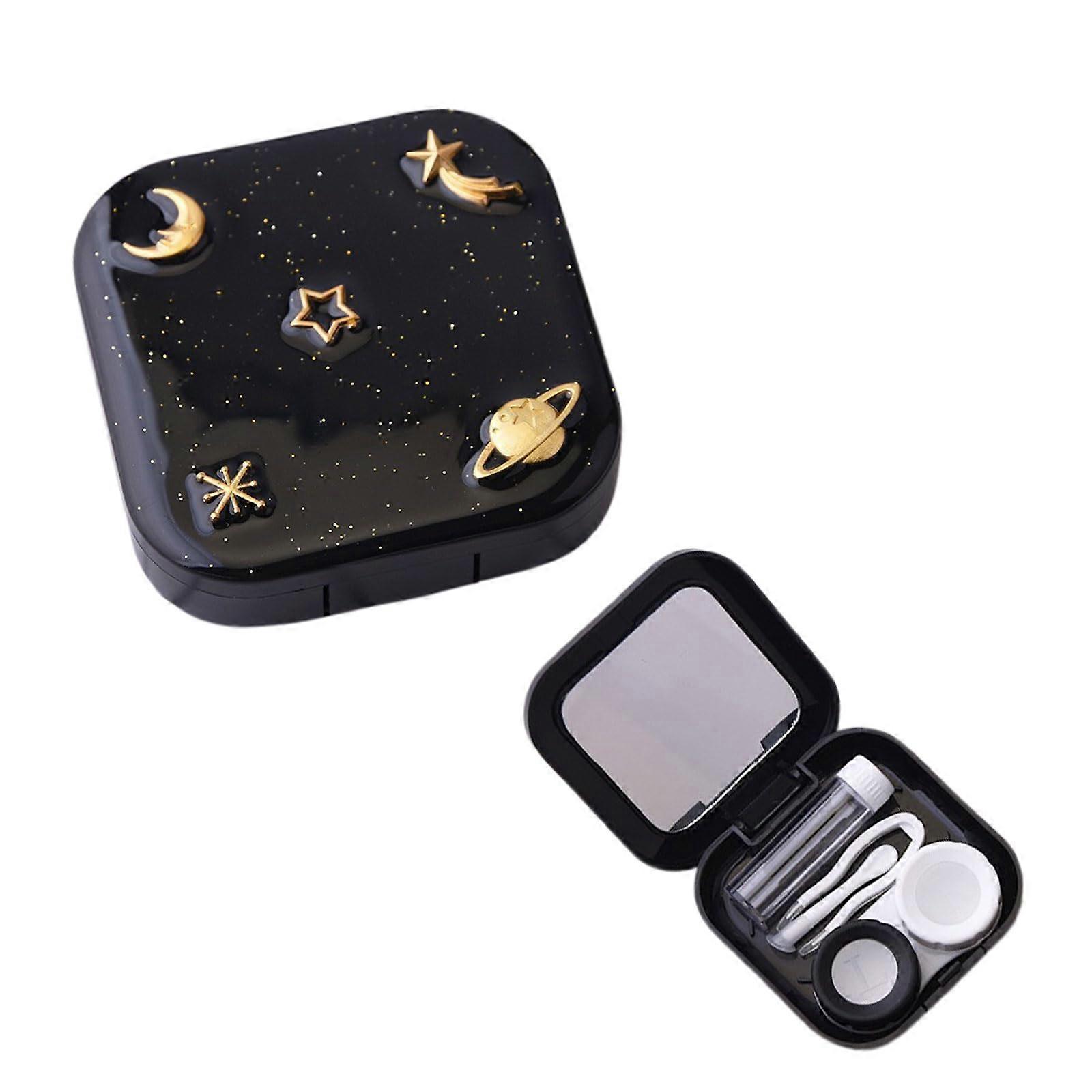 Contact Lens Case with Mirror, Leakproof Starry Sky Travel Holder with Solution Container, Black