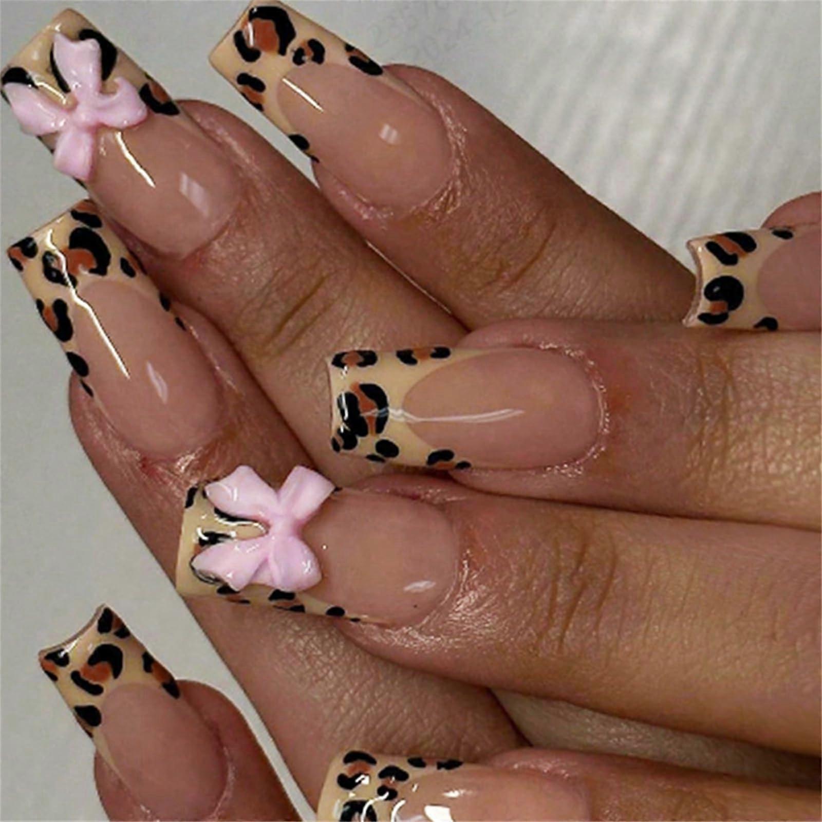 French Tip Press On Nails with Bow Leopard Print Glossy Acrylic Finish 24pcs Multiple Sizes