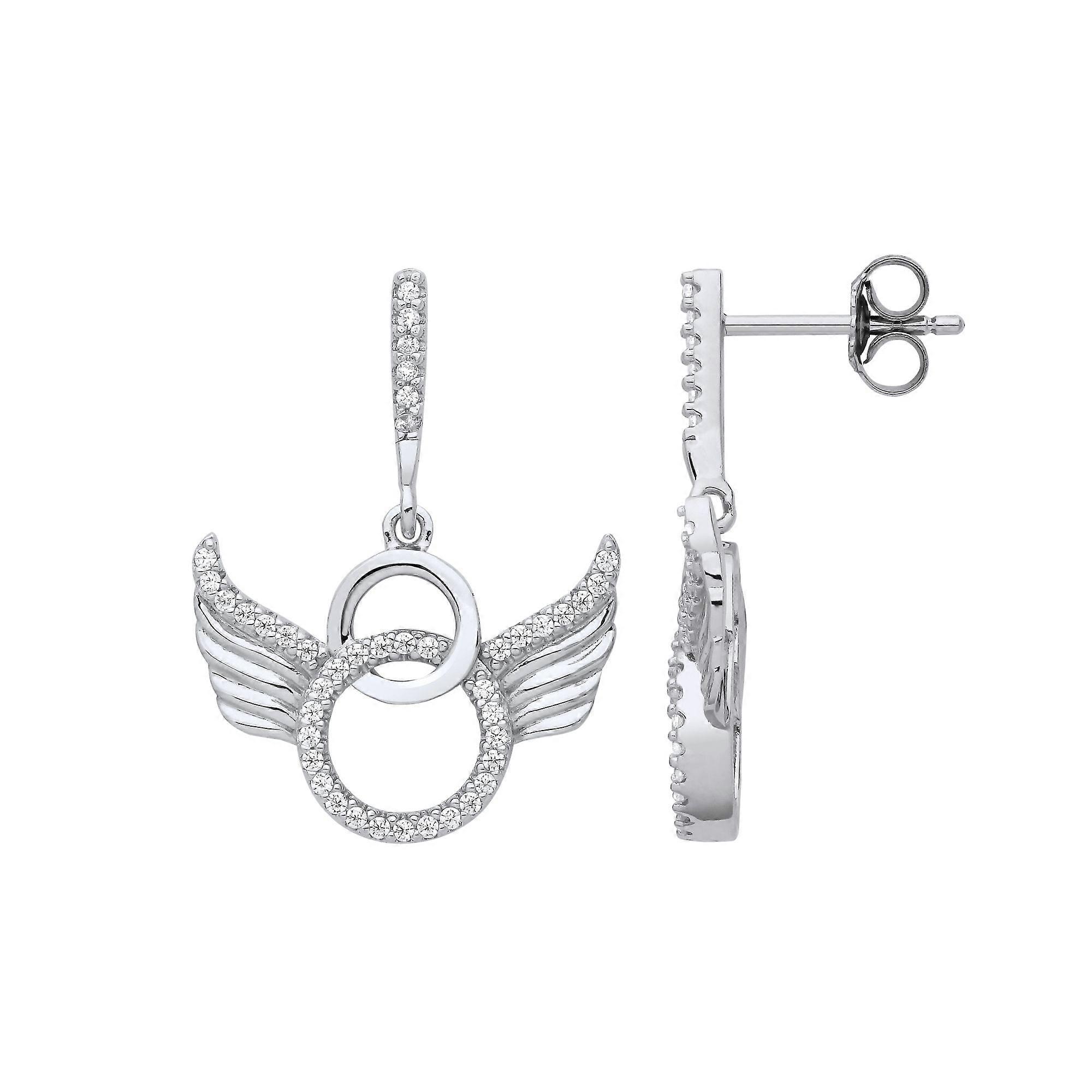 Jewelco London Ladies Rhodium Plated Sterling Silver CZ Halo Angel Wings Devil Horns Drop Earrings