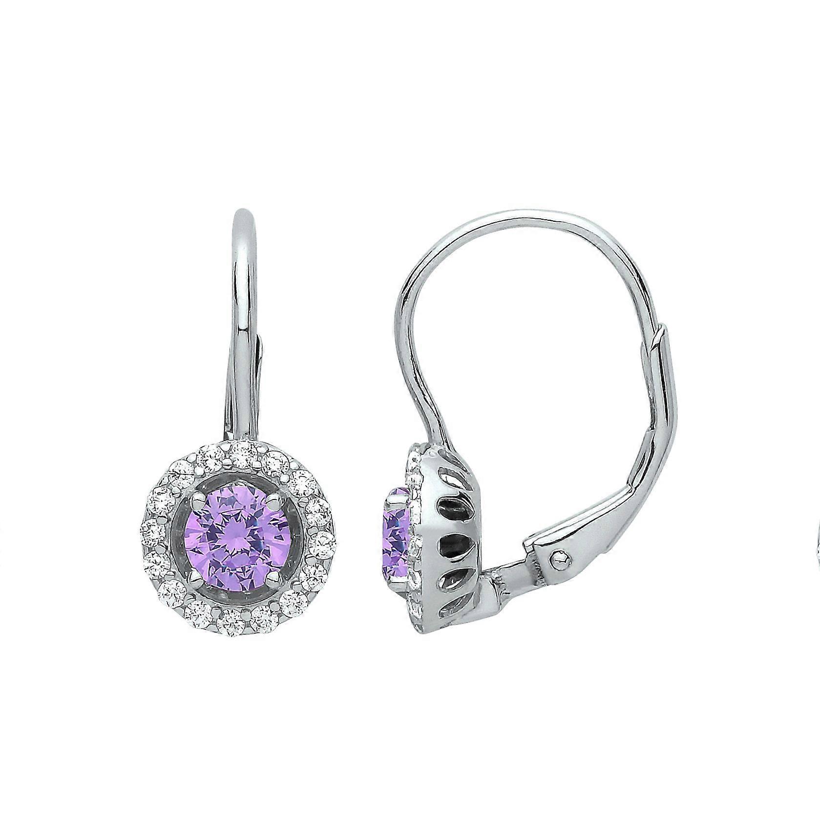 Jewelco London Ladies Sterling Silver Lilac Cubic Zirconia Solitaire Halo Drop Earrings