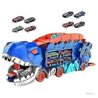 Hot Wheels City Ultimate T-Rex Transporter Rennstrecken-Set mit 2 Autos, verwandelt sich in