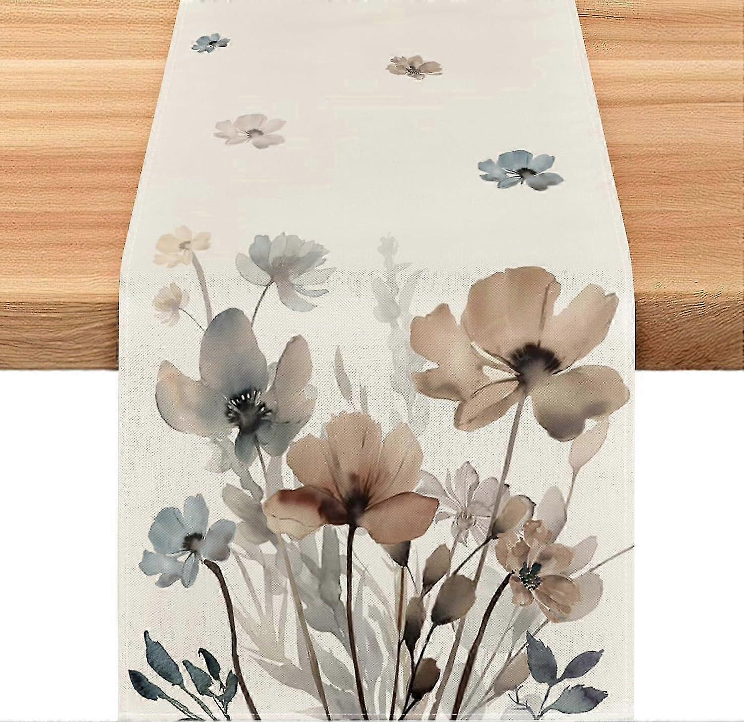Spring Floral Table Runner, Easter Table Runner, 33x183 cm Linen Table Runner, Spring Dining Table Decoration