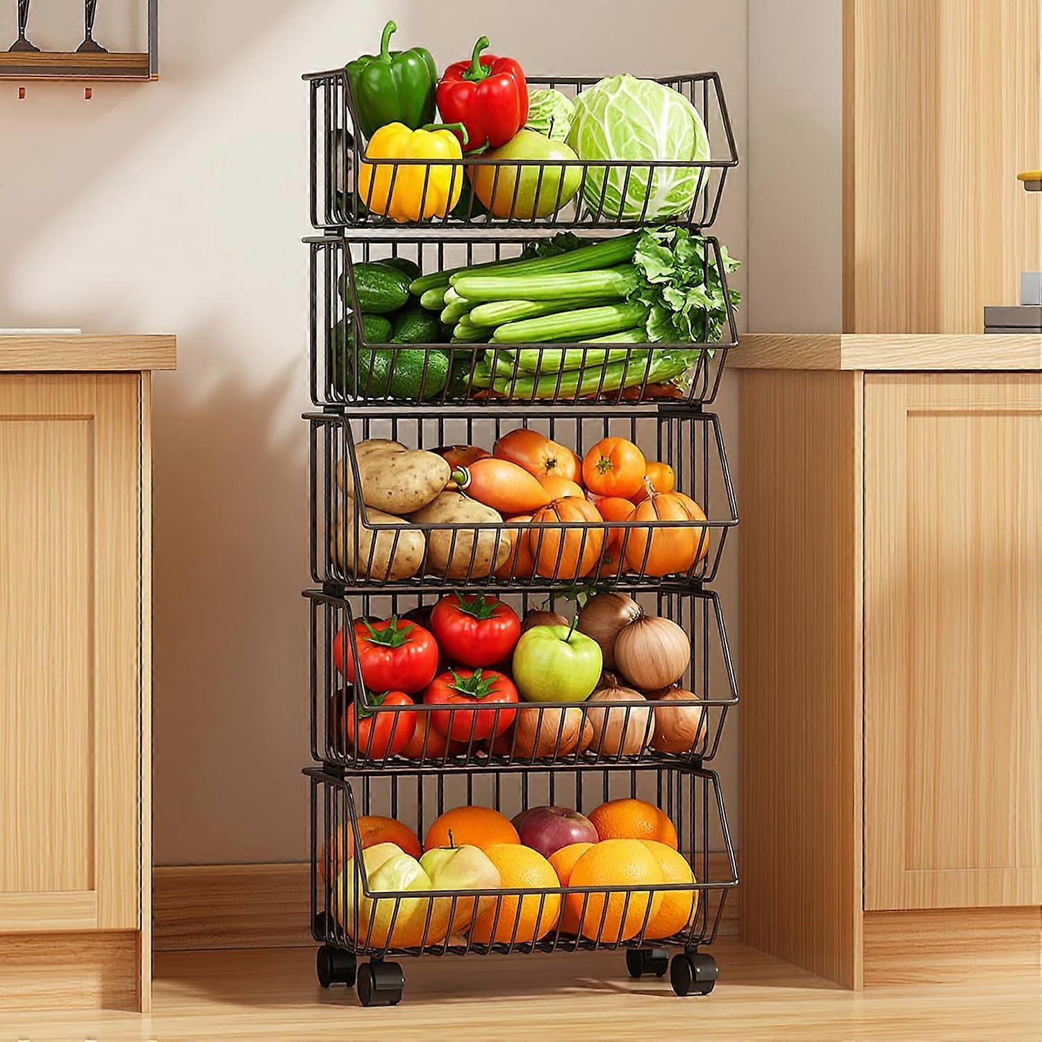 5 Tier Fruit Vegetable Baskets, Stackable Metal Storage Baskets, Pantry Rolling Cart for Kitchen 