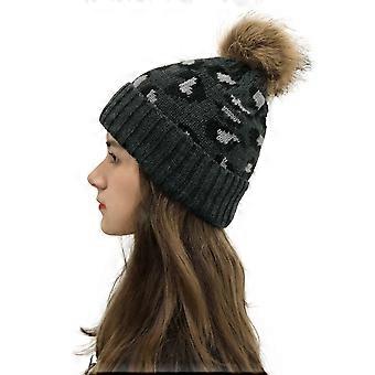 Dame efterår/vinter leopardprint strikhue med rulleskygge og pompon, moderigtig varm uldhue, mørkegrå - én størrelse passer alle2816