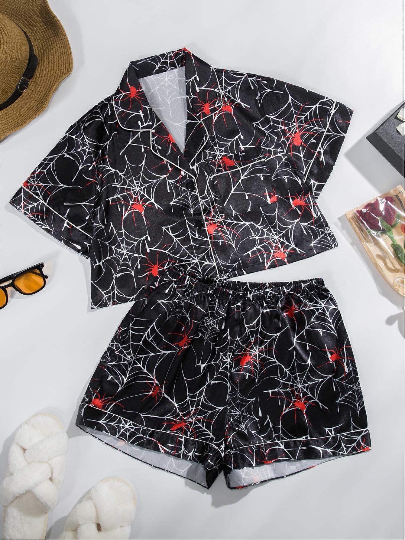 Dark Gothic Spider Pattern Shirt Shorts Satin Satin Casual Pattern