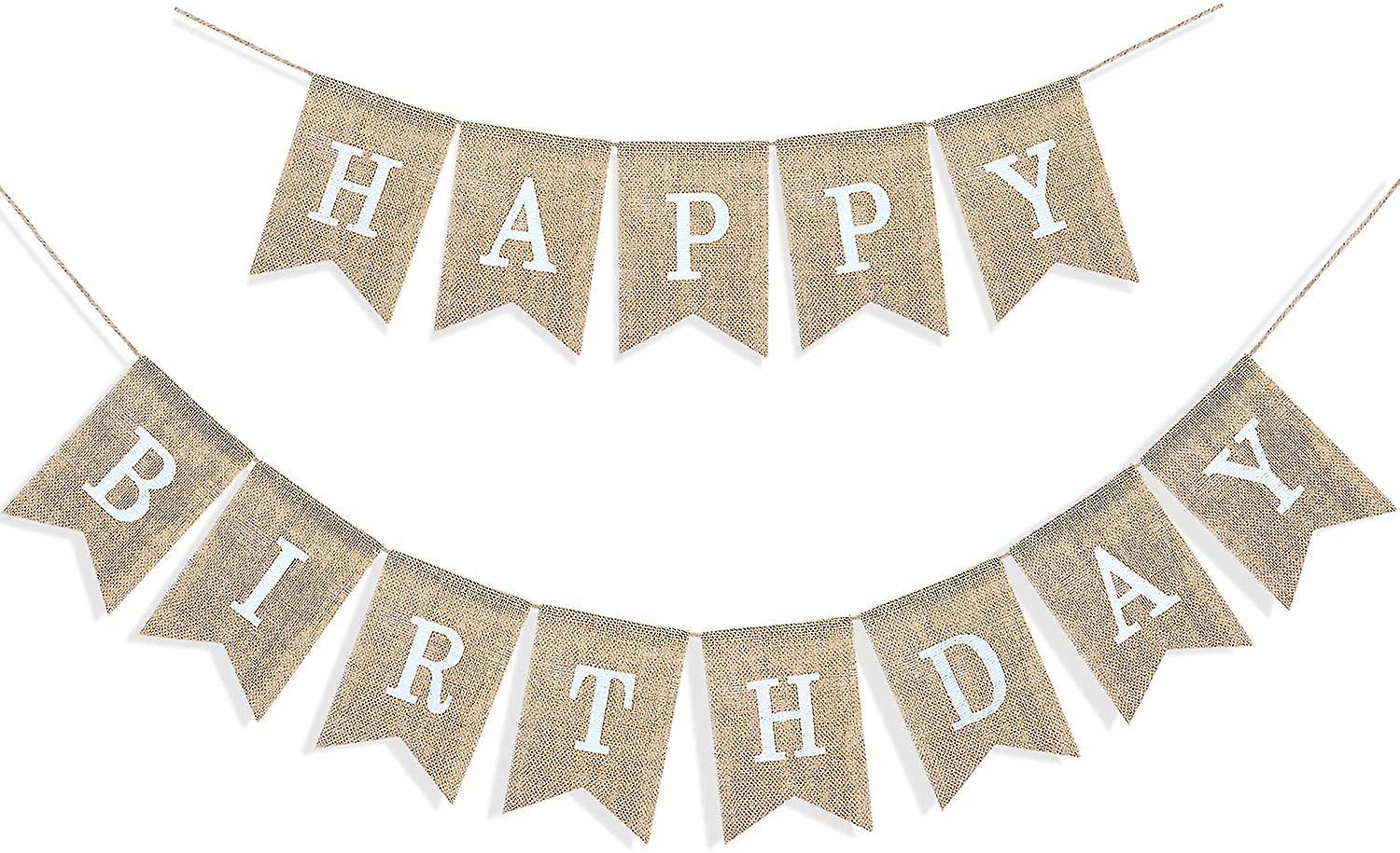 Happy Birthday Banner For Birthday Party Decorations, Rustic Burlap Bunting Chevron, 2 In 1, Linen White