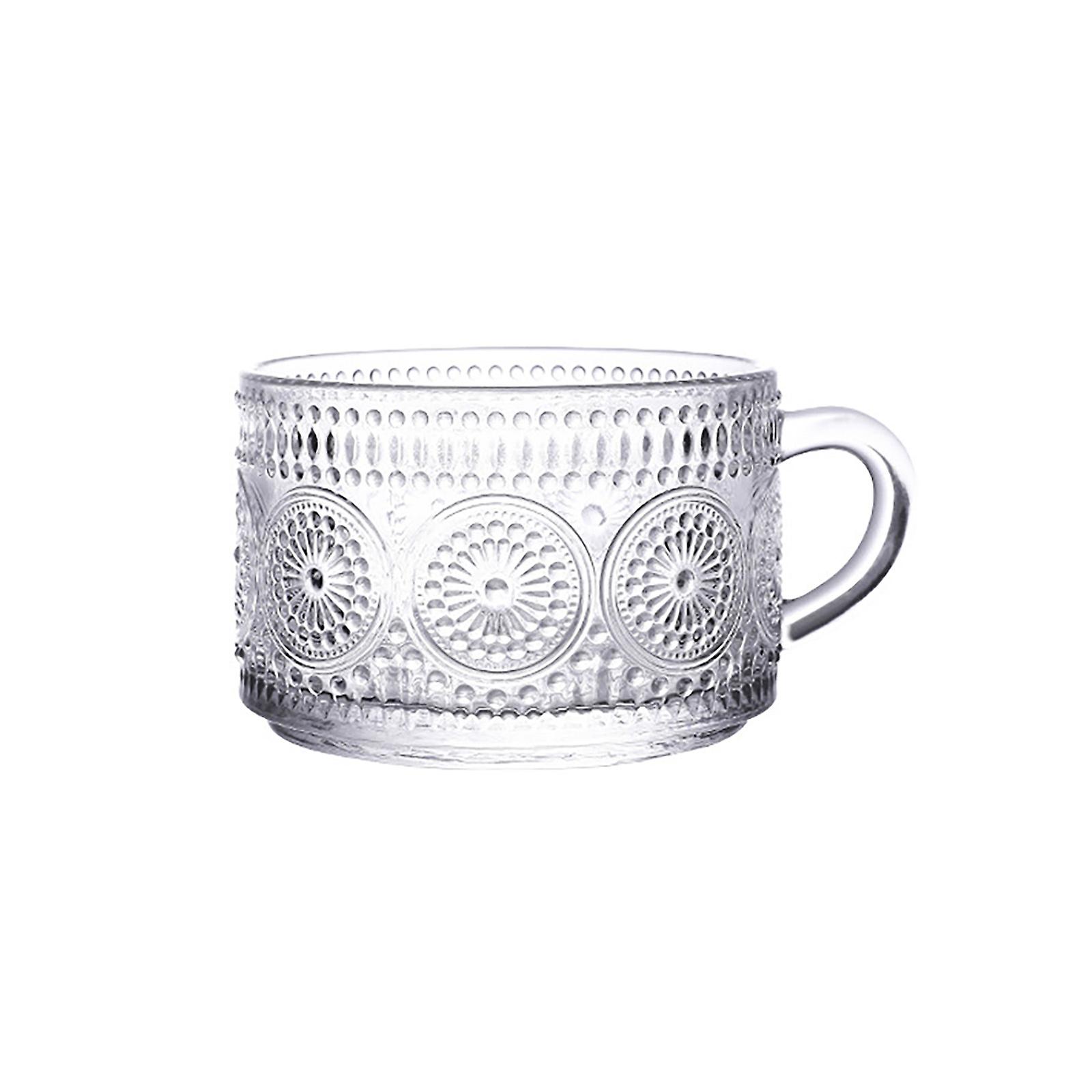 Vintage Glass Coffee Mug, Clear Embossed Glass Cup, Breakfast Cups with Gold Spoon, Drinking Glasses with Handle for Latte, Milk, Cereal, Beverages