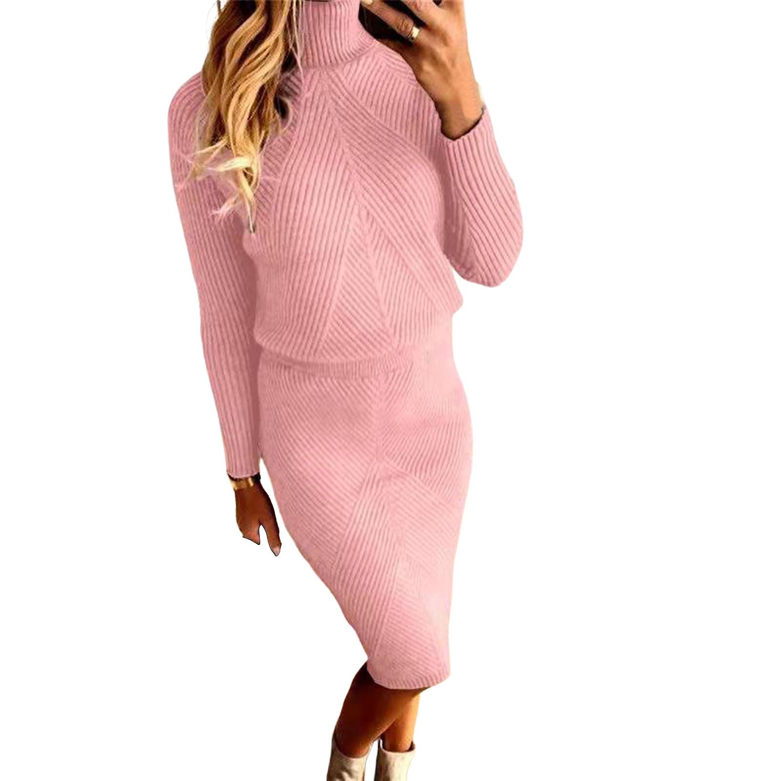 2 Pcs/Set Sweater Skirt Set High Collar Two Piece Set Solid Color Knitted Sheath Keep Warm Long Sleeves High Waist Elastic Lady Sweater Skirt Suit