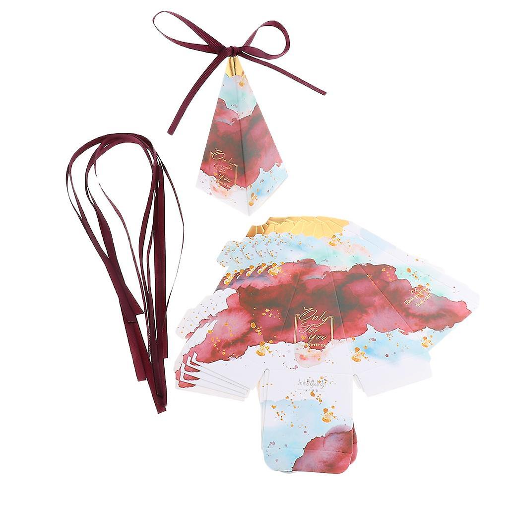 6 Pieces Triangular Wedding Candy Box Paper Ribbon Party Favor Wine Red
