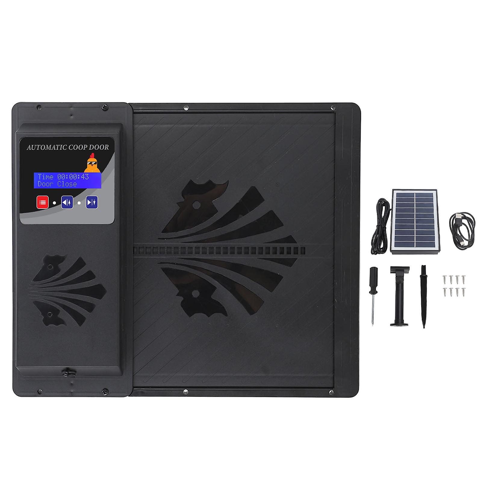 USB Solar Powered Automatic Chicken Coop Door Opener with Timer Programmable LED Display 3 Power Modes Horizontal Black